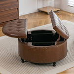 Round Pu Leather Upholstered Storage Ottoman With Lift-top & Flip Design | Brown