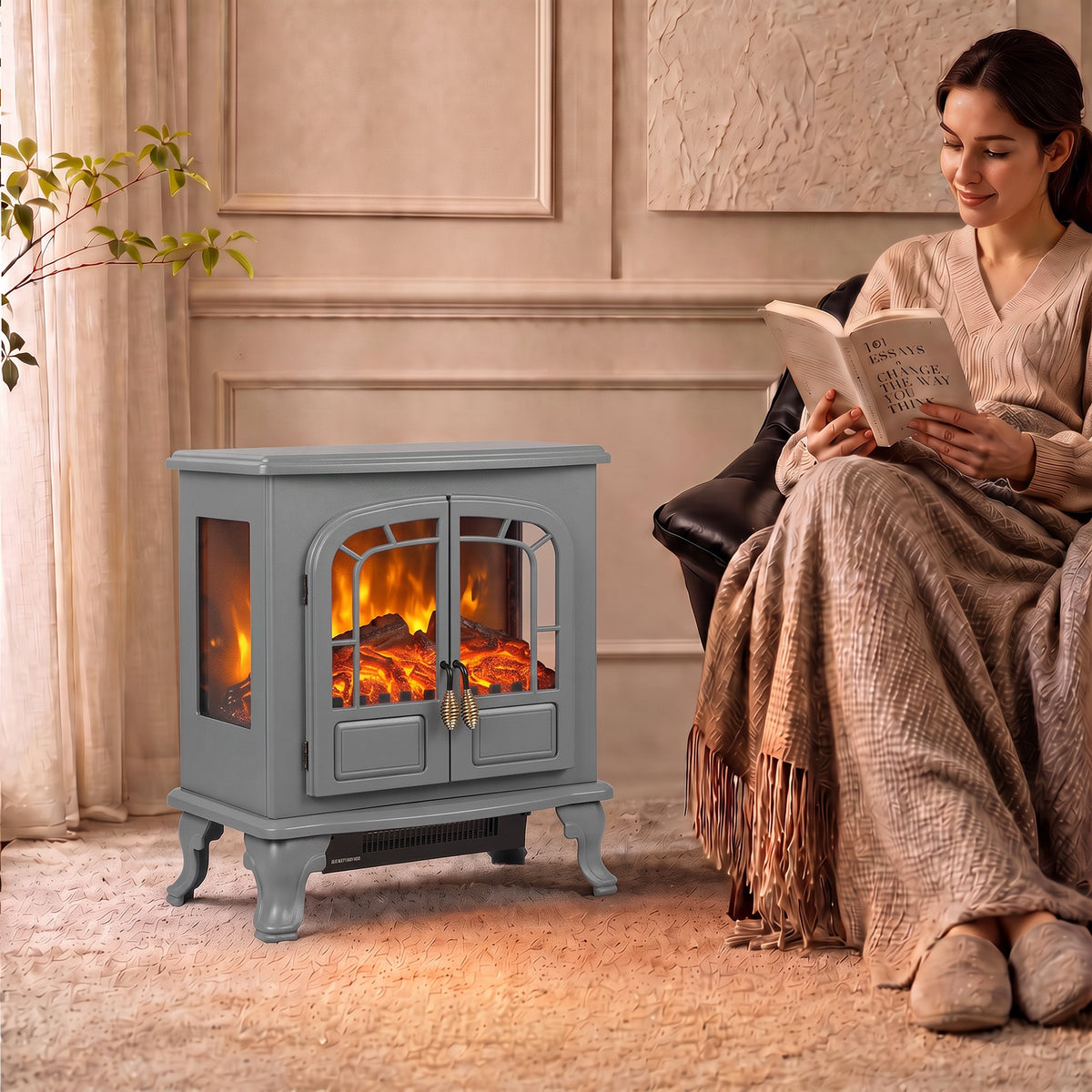 Free Standing Electric Fireplace Stove Led Fire Flame Effect | Grey