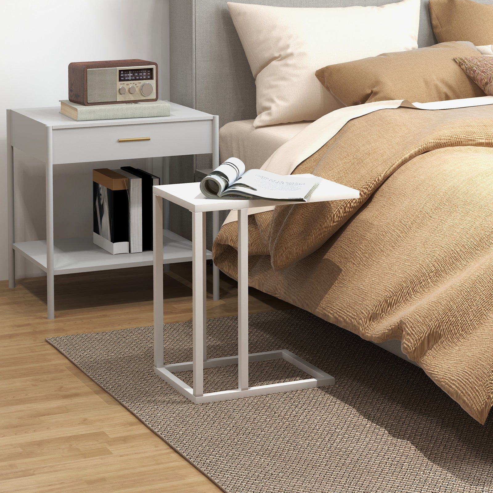 C Shape Side Table W/ Wood-effect Top | White