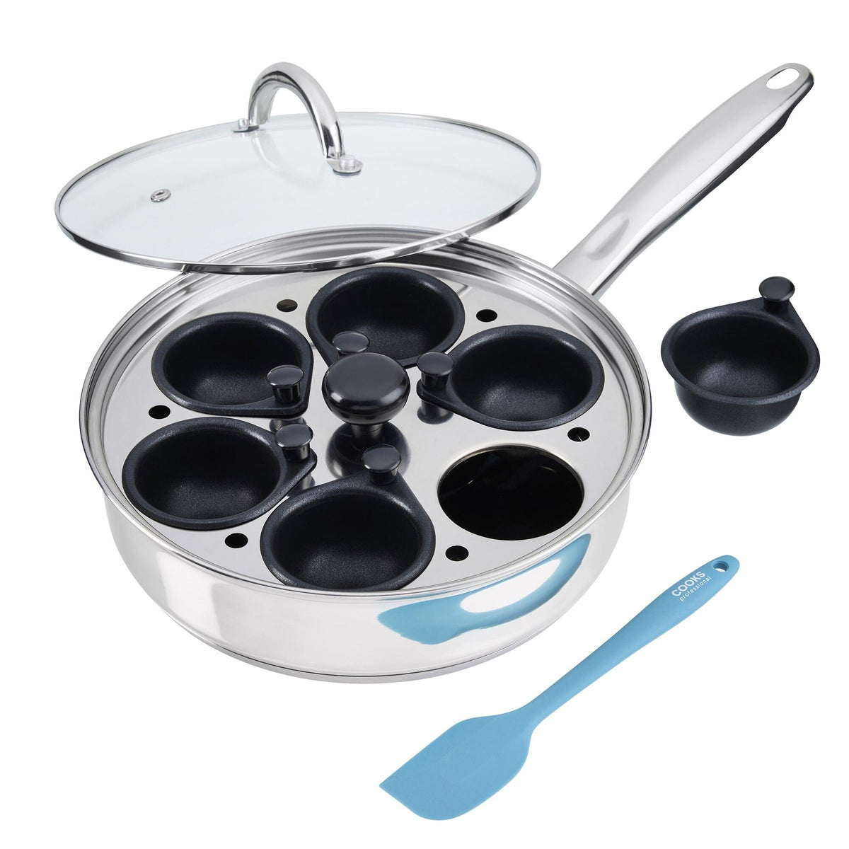 Stainless Steel Egg Poacher Pan With Spatula | 6 Cup | Silver