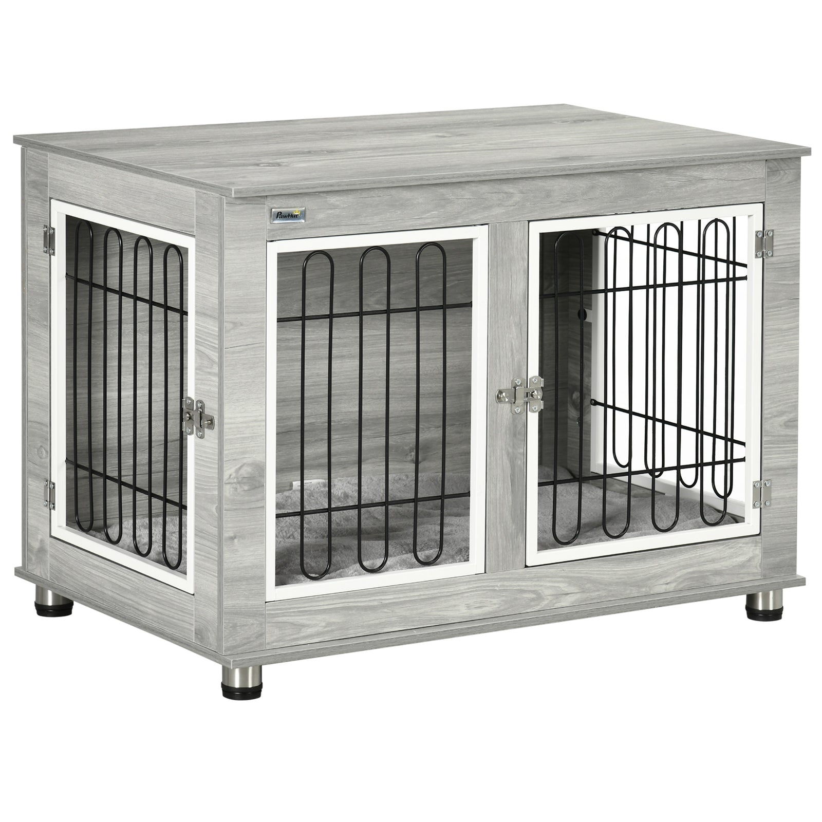 Dog Crate Table W/ Cushion, Double Door - Grey | Gray