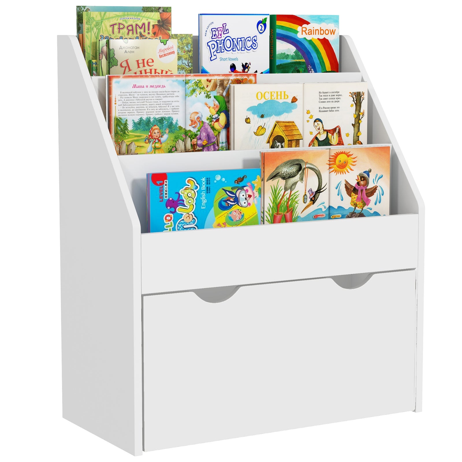 Kids Bookcase W/ 3 Tier Shelves, Drawer, For Bedroom, Nursery, White