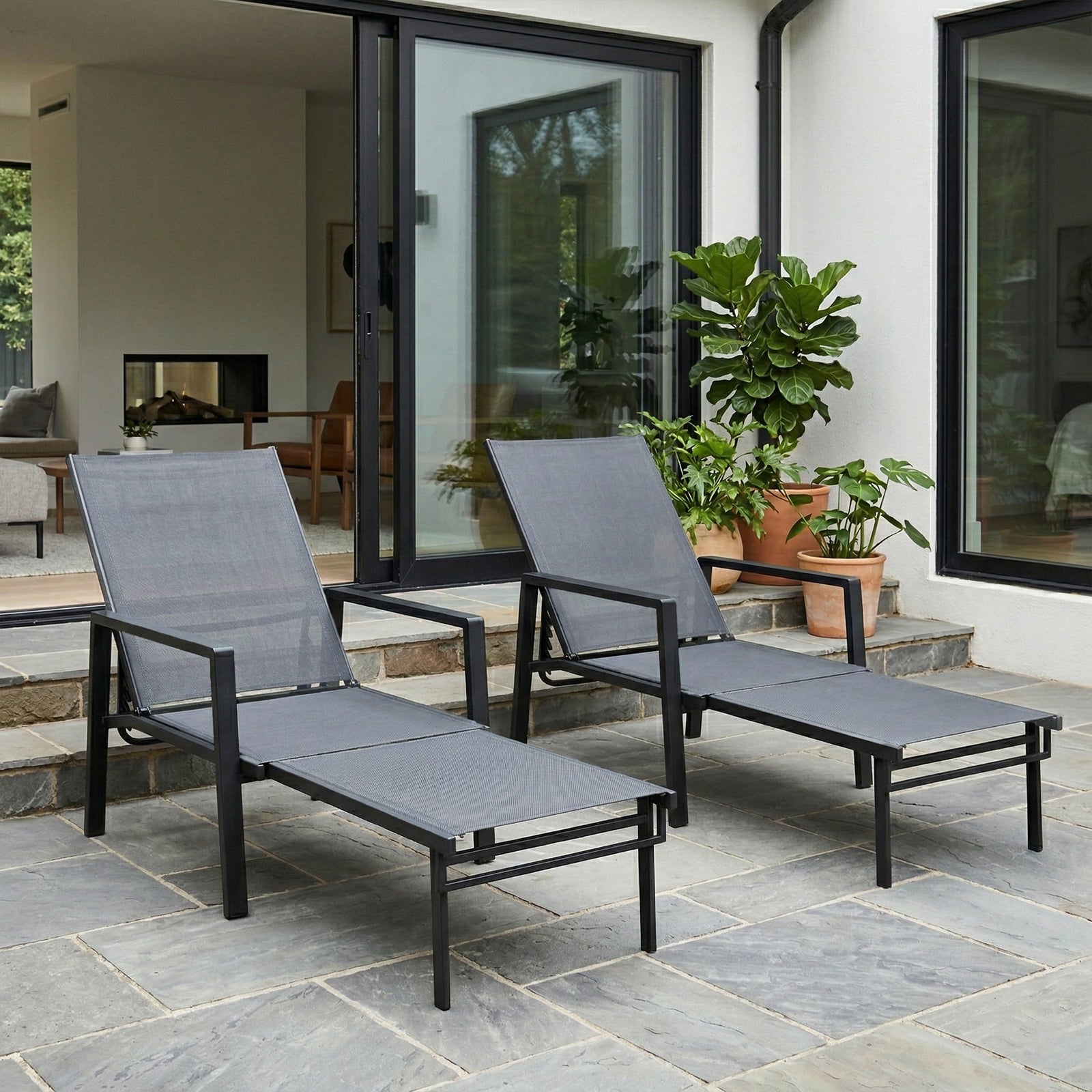 Sun Lounger W/ Retractable Footrest, 5-position Adjustable | Set-of-2 | Grey
