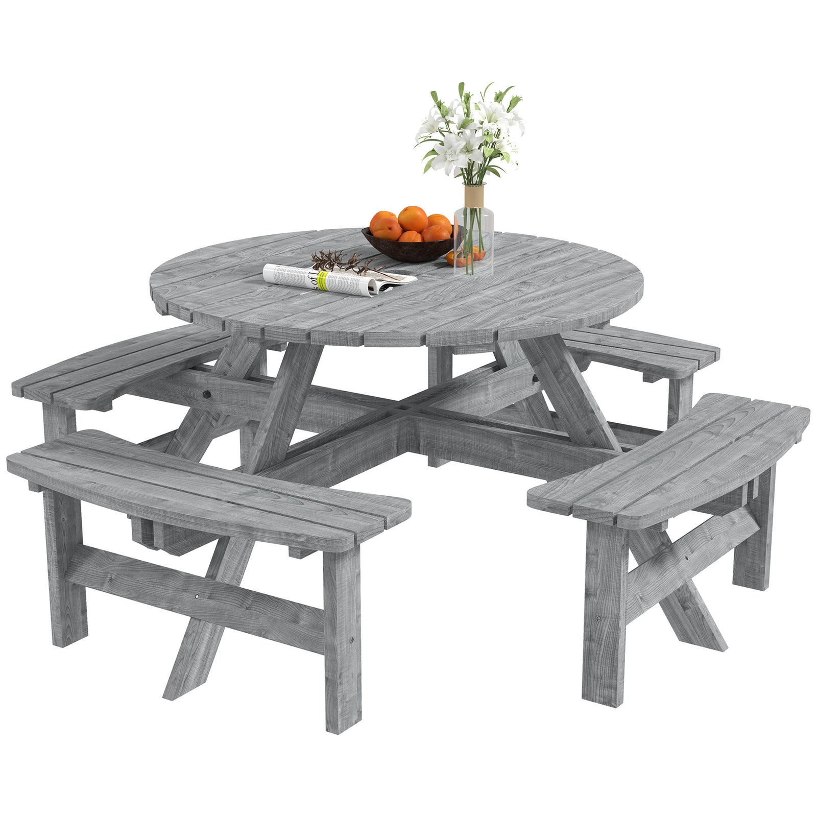 8 Seat Outdoor Wooden Picnic Table With Bench, Parasol Hole