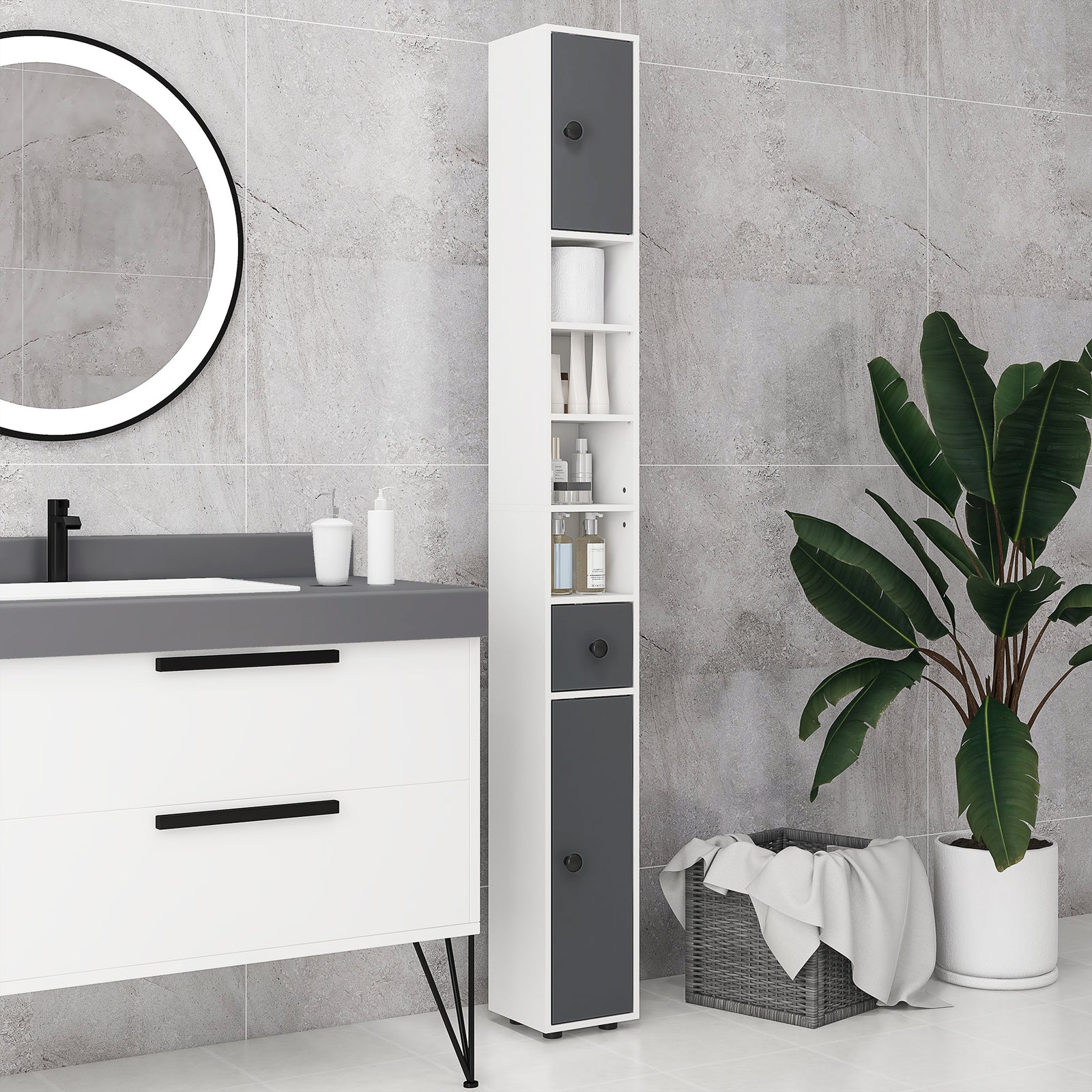 Slim Bathroom Cabinet, Toilet Roll Storage W/ Open Shelves | One Size