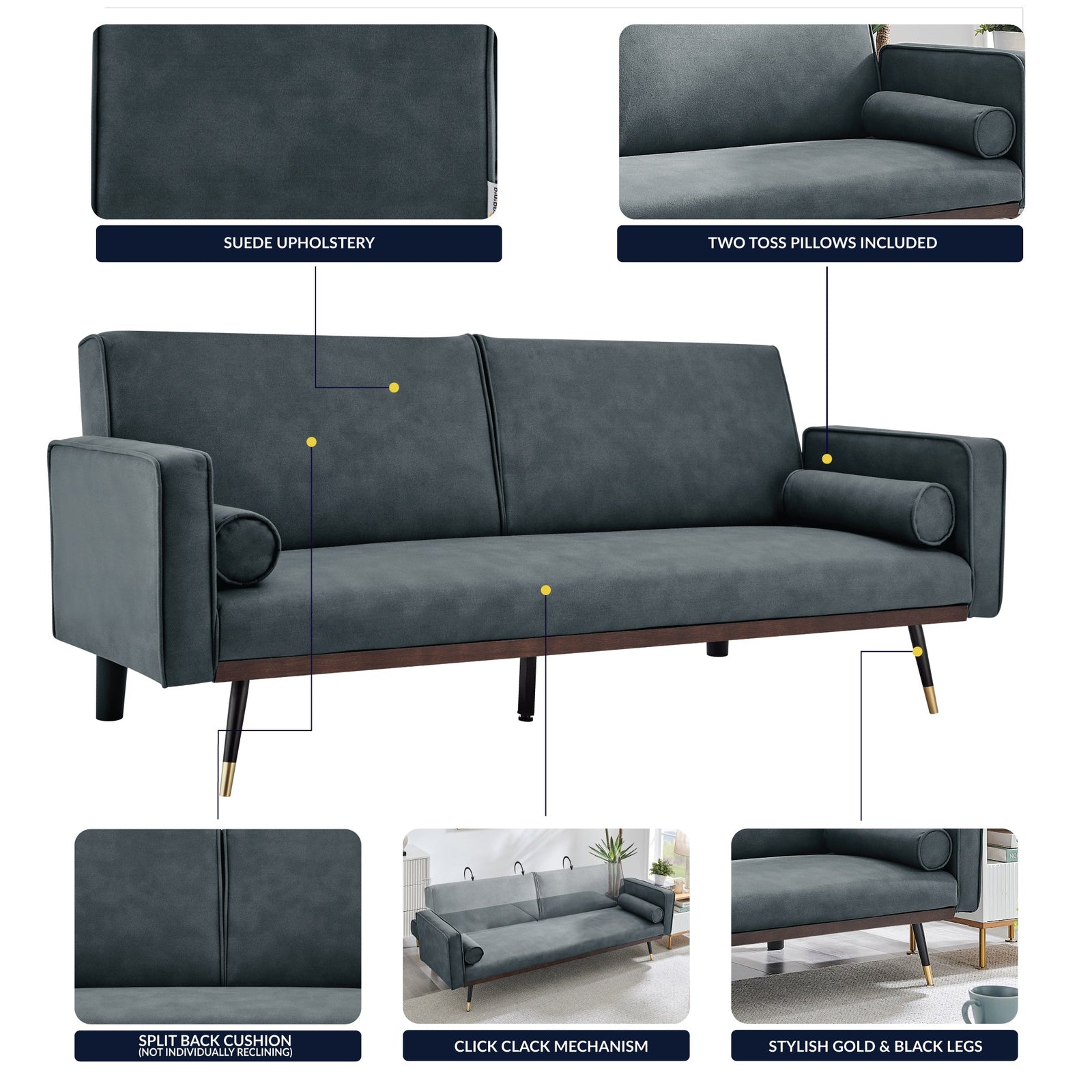Faux Suede Click-clack Sofa Bed - 3 Seater | Grey