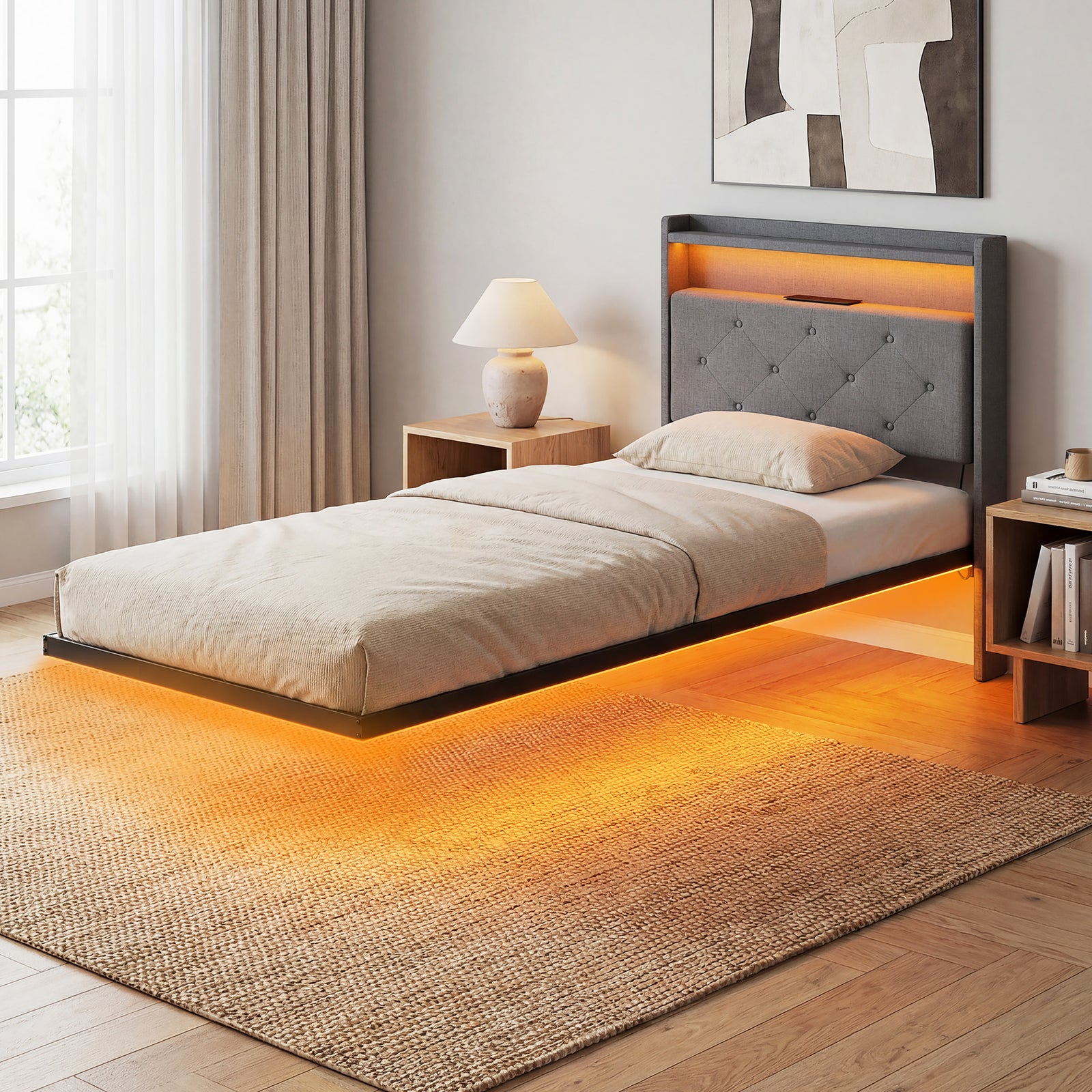 Floating Bed Frame With Rgb Lights, Upholstered Bed | Single | Grey