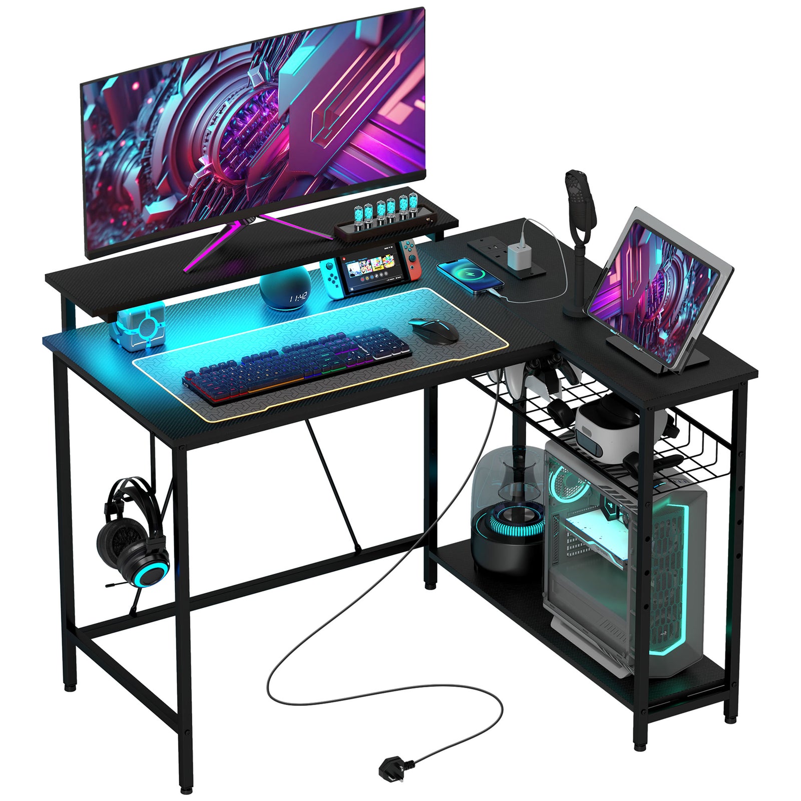 L Shaped Desk With Led Lights, Reversible Corner