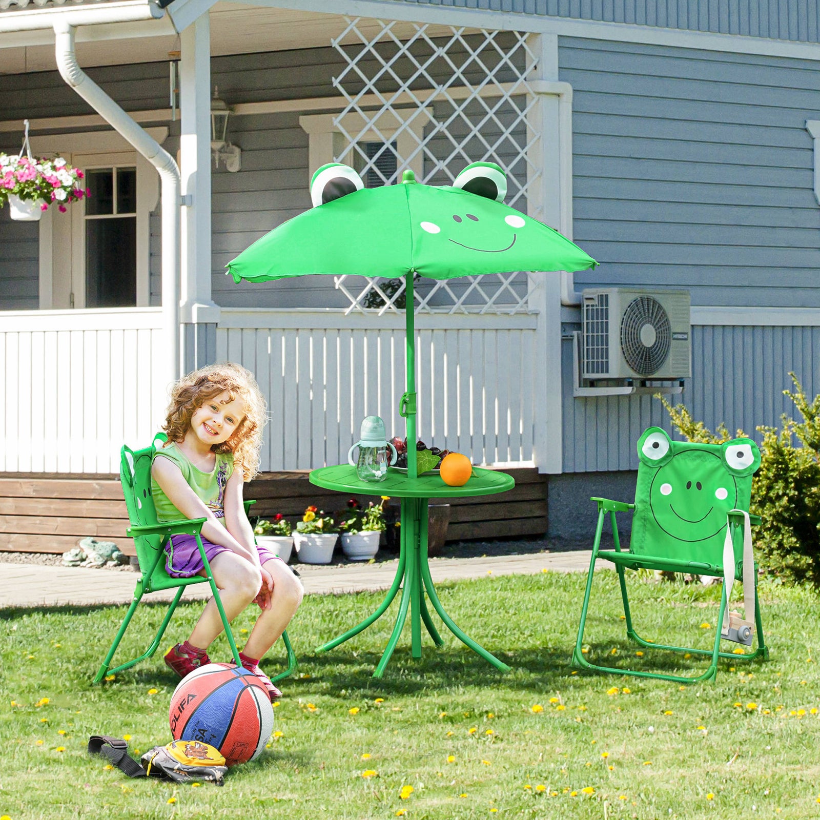 Kids Folding Picnic Table Chair Set Ladybug Pattern Outdoor W/ Parasol | Green