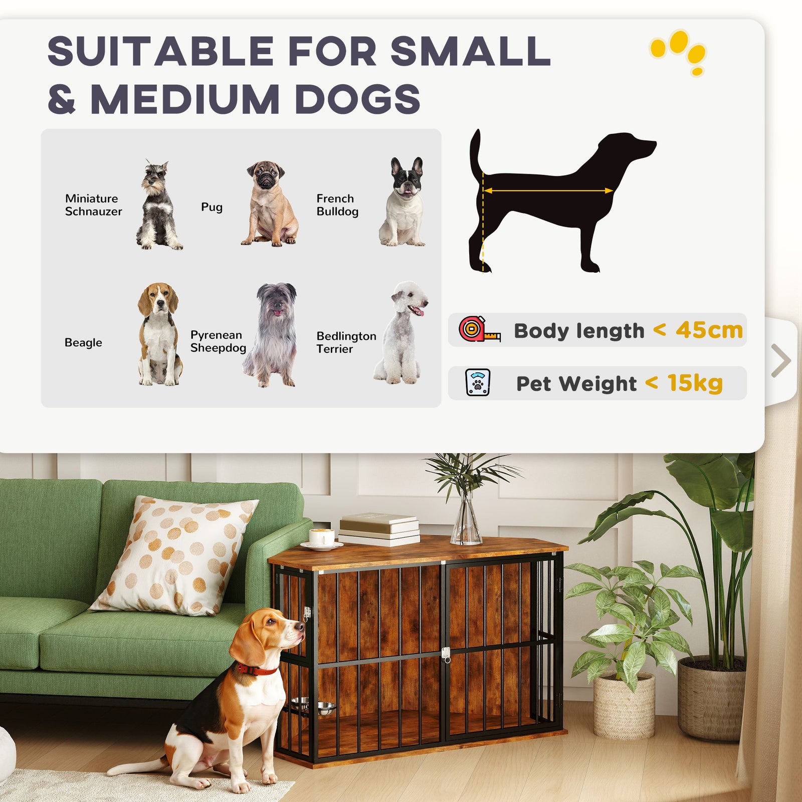Corner Dog Crate Furniture With 2 Bowls For Small & Medium Dogs