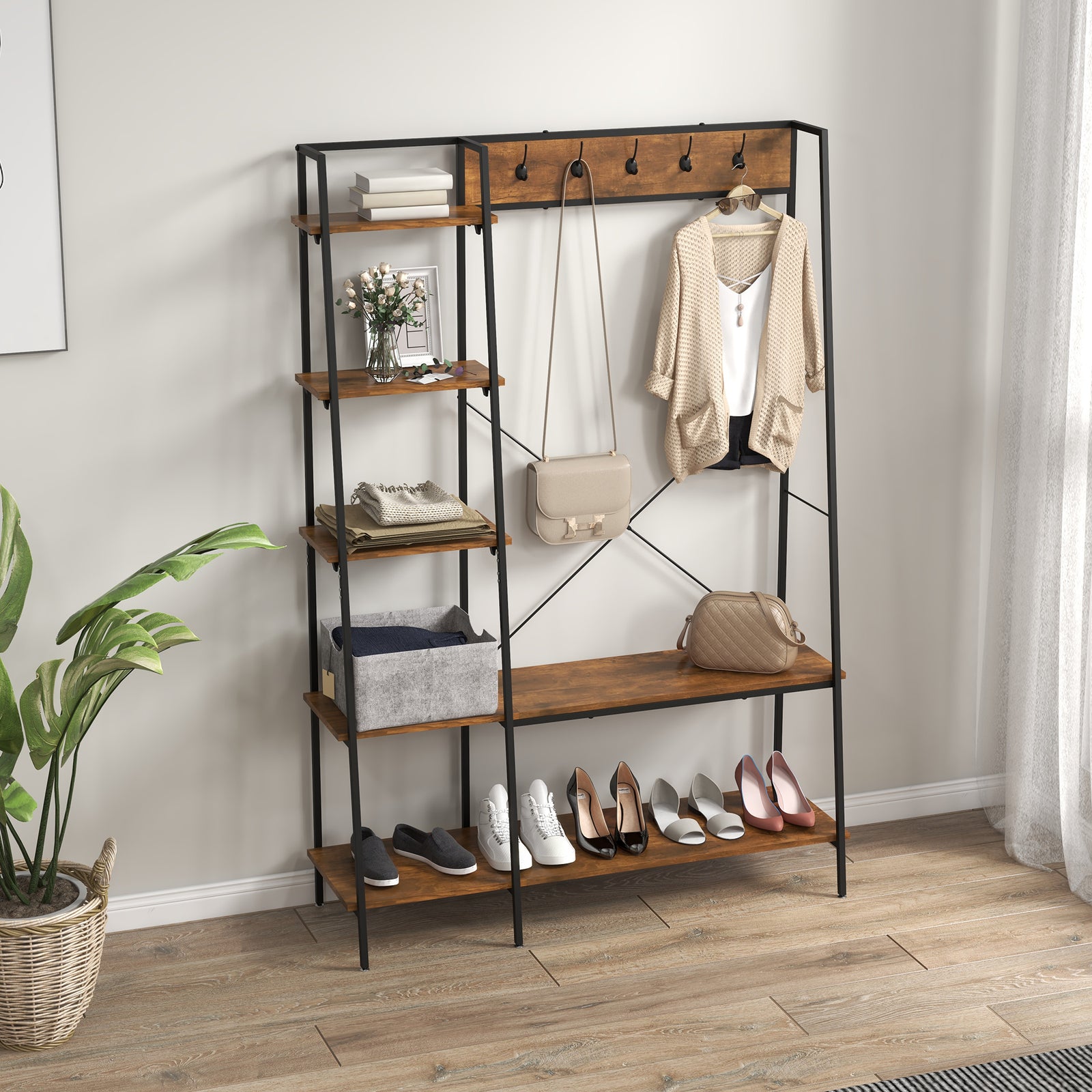 Coat Rack, Coat Stand With Shoe Storage, 5 Hooks For Hallway