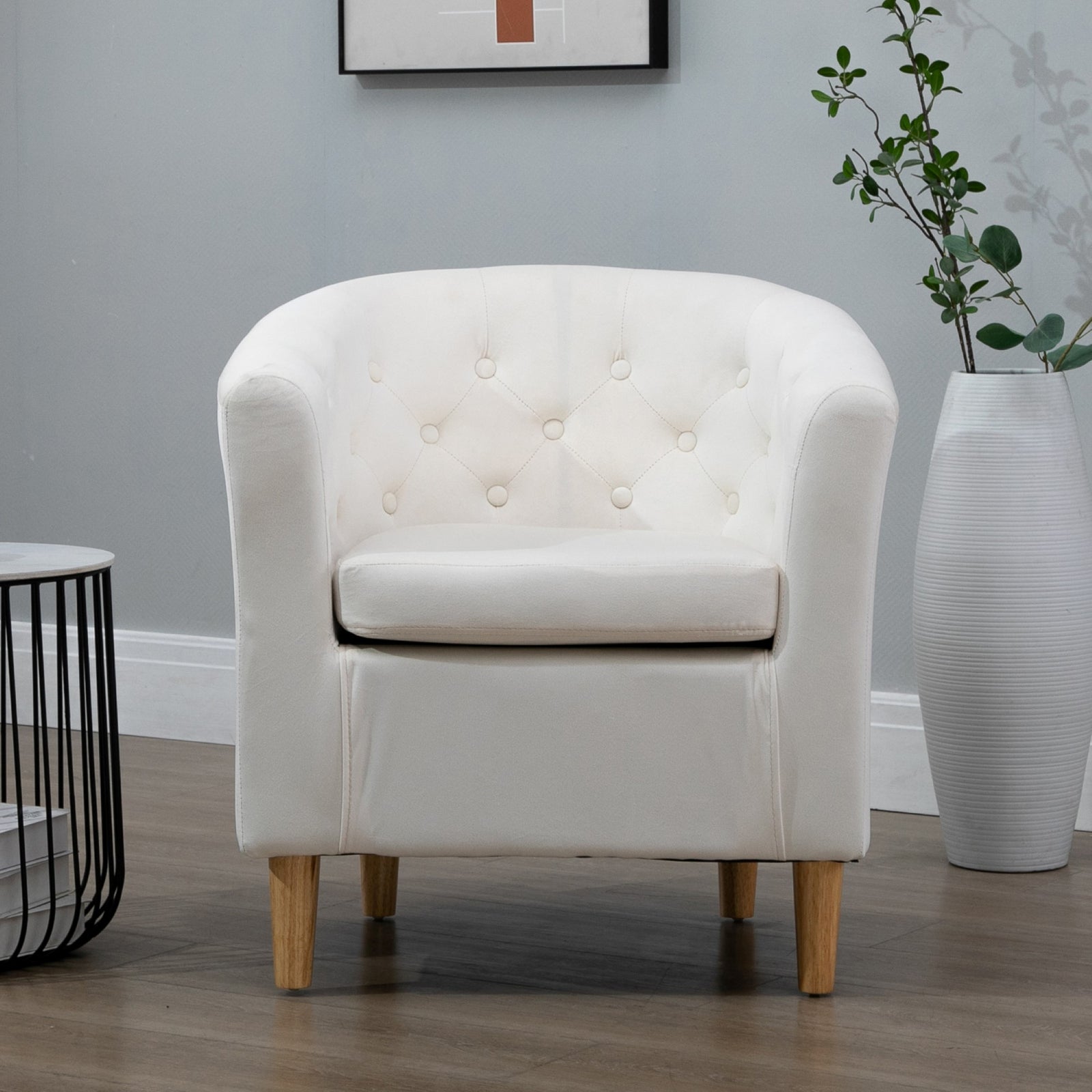Clio 68cm Wide Velvet Fabric Studded Back Accent Chair With Dark And Light Wooden Legs | Cream