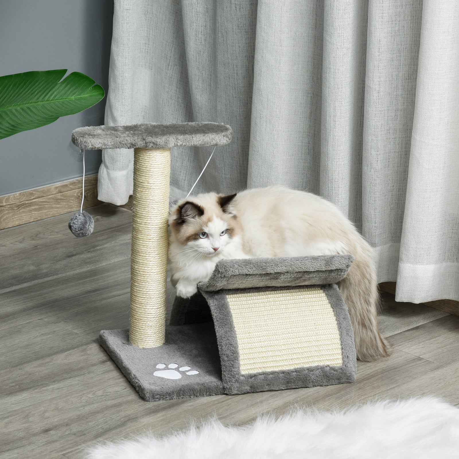 Cat Tree Plush Scratcher Kitty Activity Play Centre Tunnel Dangling Ball | Gray