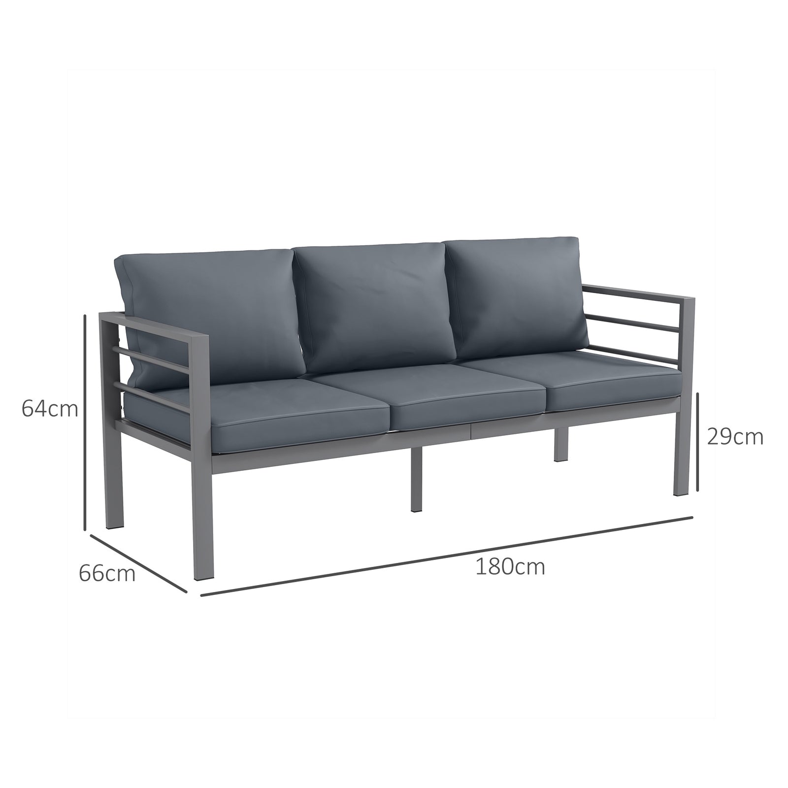 3-seater Aluminium Garden Bench W/ Cushions, Grey