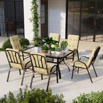 7 Pcs Garden Dining Set, Table W/ Umbrella Hole & Cushion | Beige