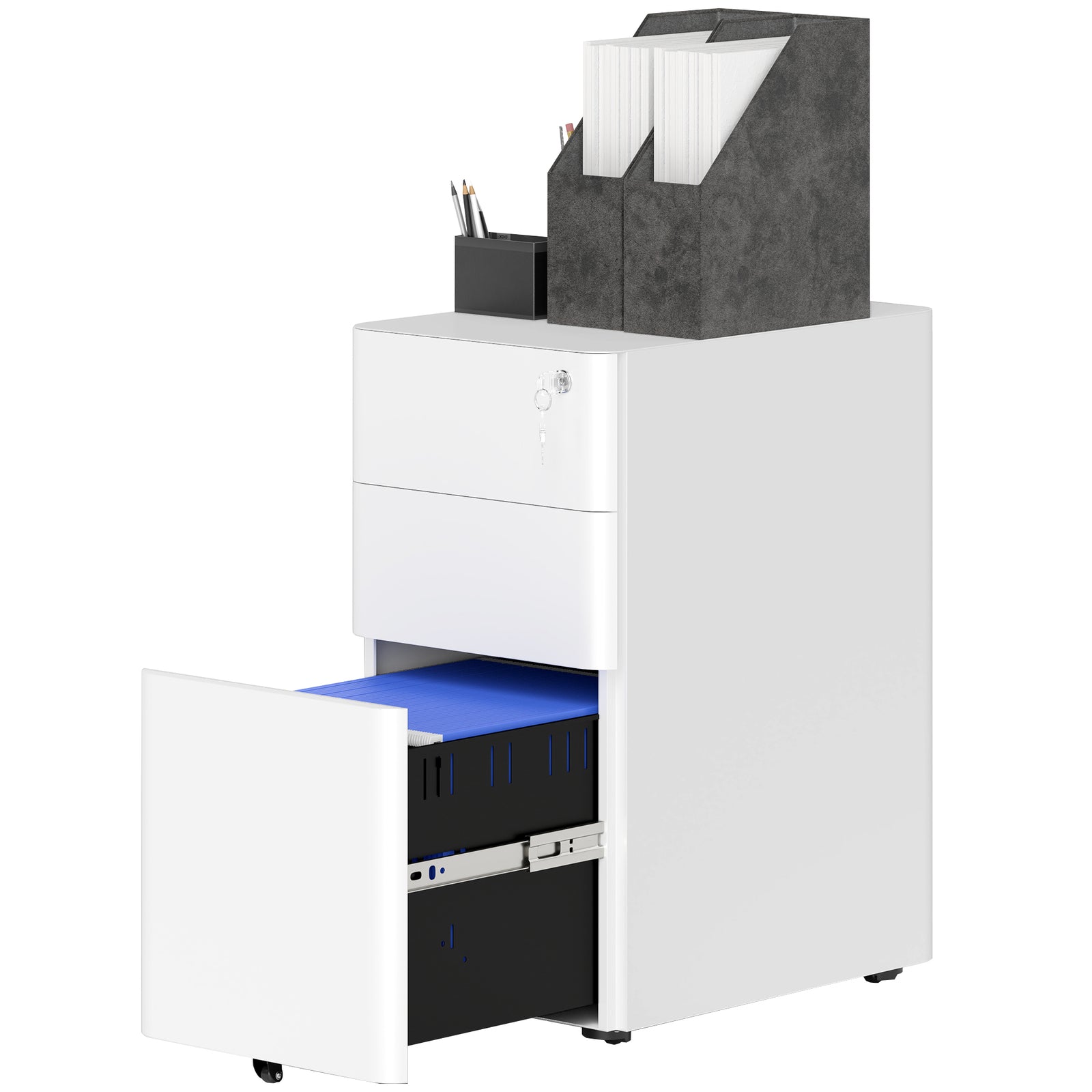 Steel Filing Cabinet With Lock And Wheels For Home Office | One Size | White