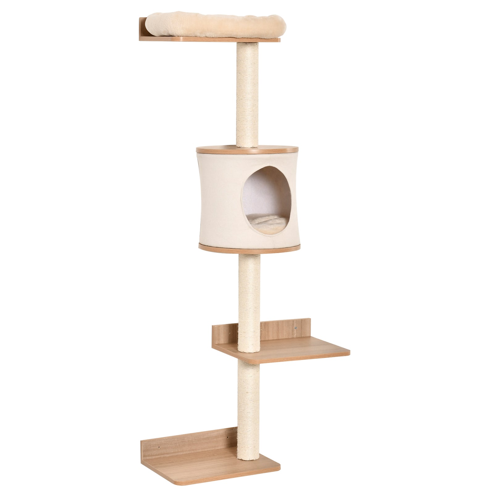 Wall-mounted Cat Tree Shelter W/ Cat House, Bed, Scratching Post - Beige