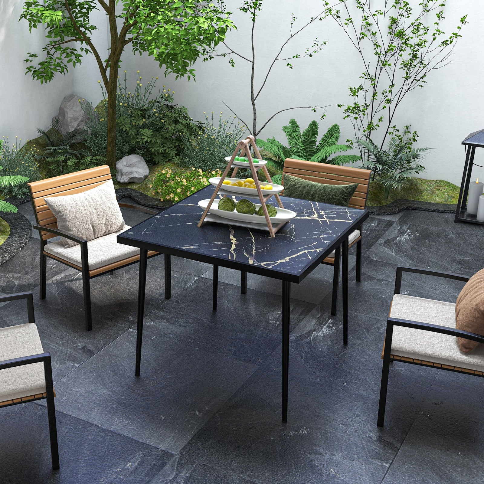 Square Outdoor Dining Table, Marble Effect Top | Black