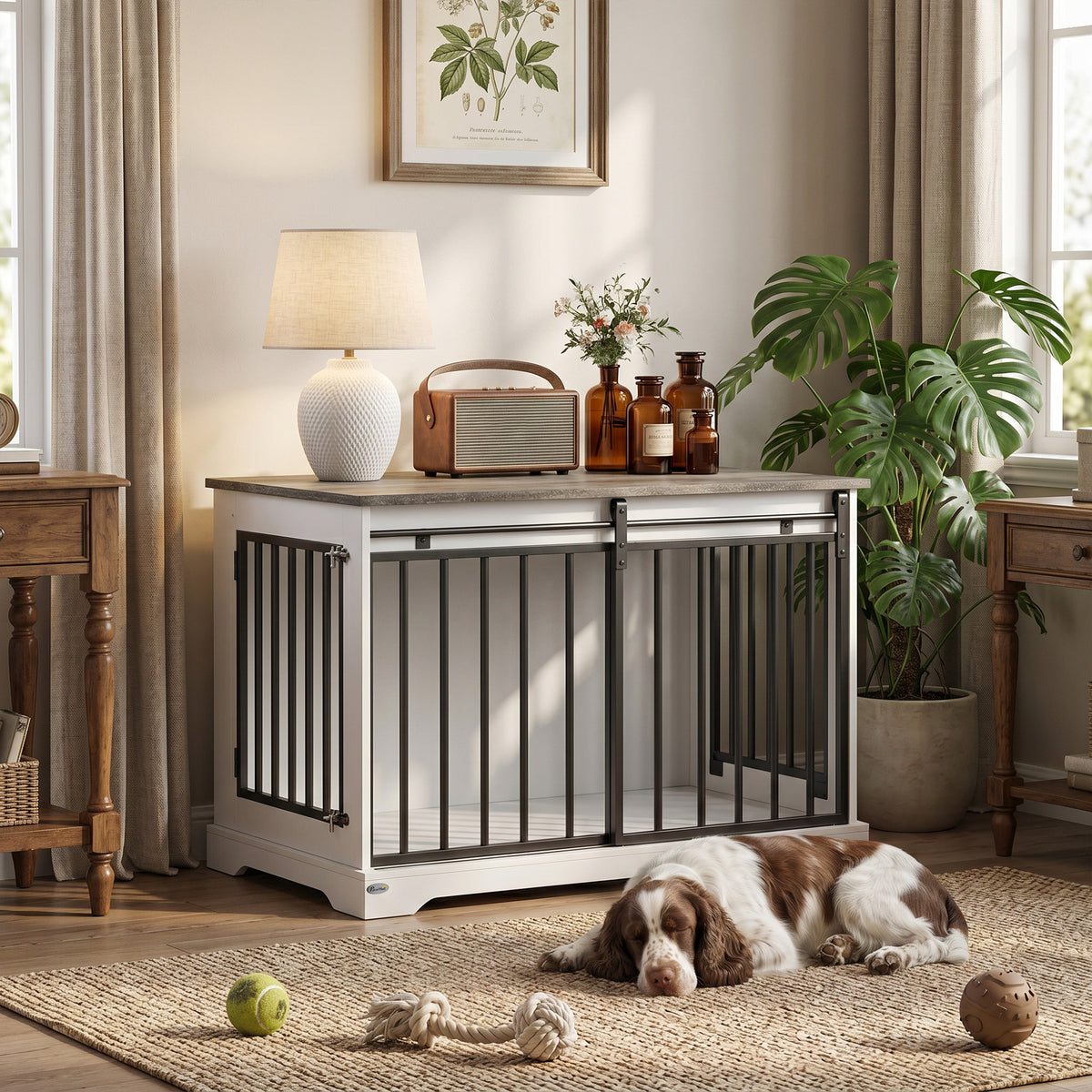 Dog Crate Furniture With Sliding Barn Door | 100cm | White