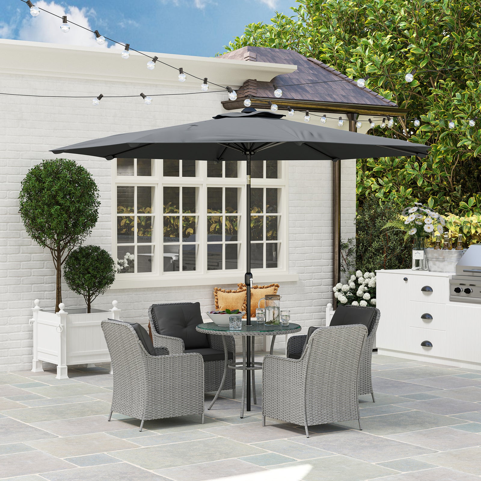 Luxury Rattan Garden Dining Set W/ Parasol, Cushions