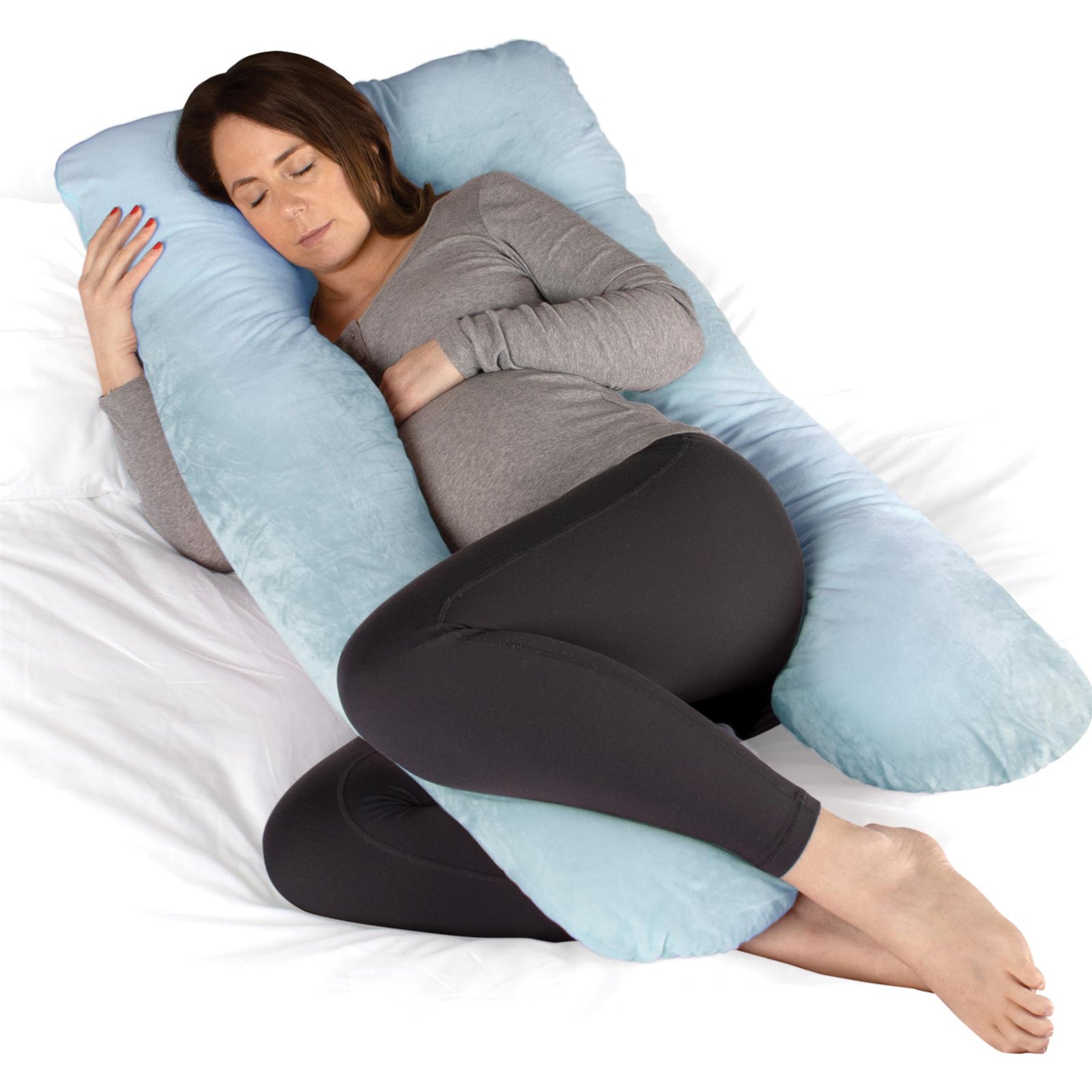 Pregnancy Pillow, U Shaped Shredded Memory Foam Maternity Cushion Machine Washable & Removable Velvet Cover | L | Blue