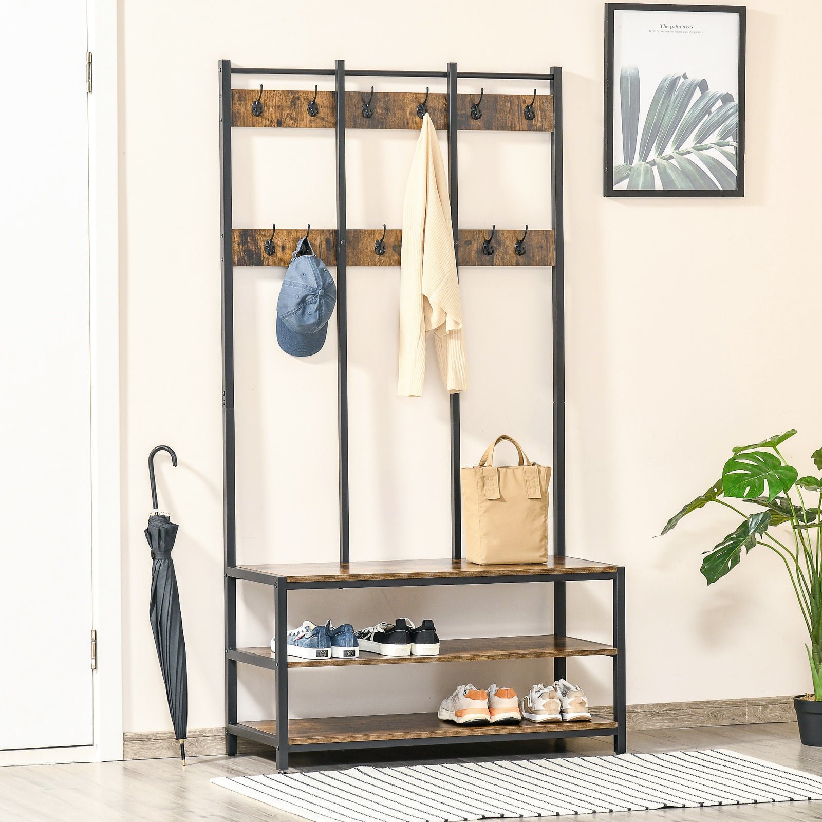 Entryway Coat Rack Hall Tree Shoe Bench 3 In 1 Design
