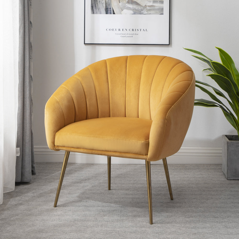 Helena 74cm Wide Shell Back Velvet Fabric Accent Chair With Brass Coloured Steel Legs | Yellow