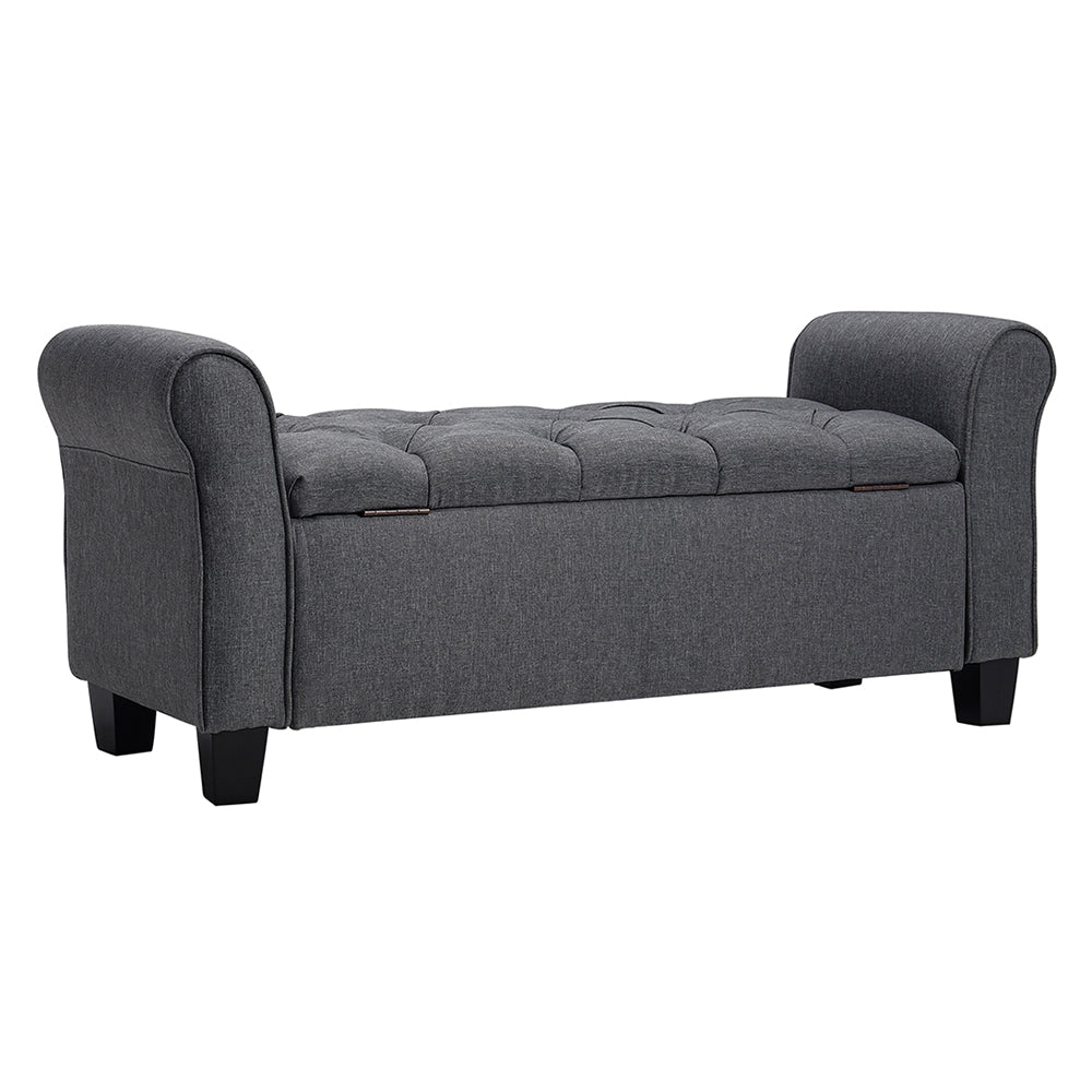 Linen Storage Ottoman Bench with Splayed Armrests, 115cm - Stylish Chaise with Hidden Storage and Rubberwood Legs