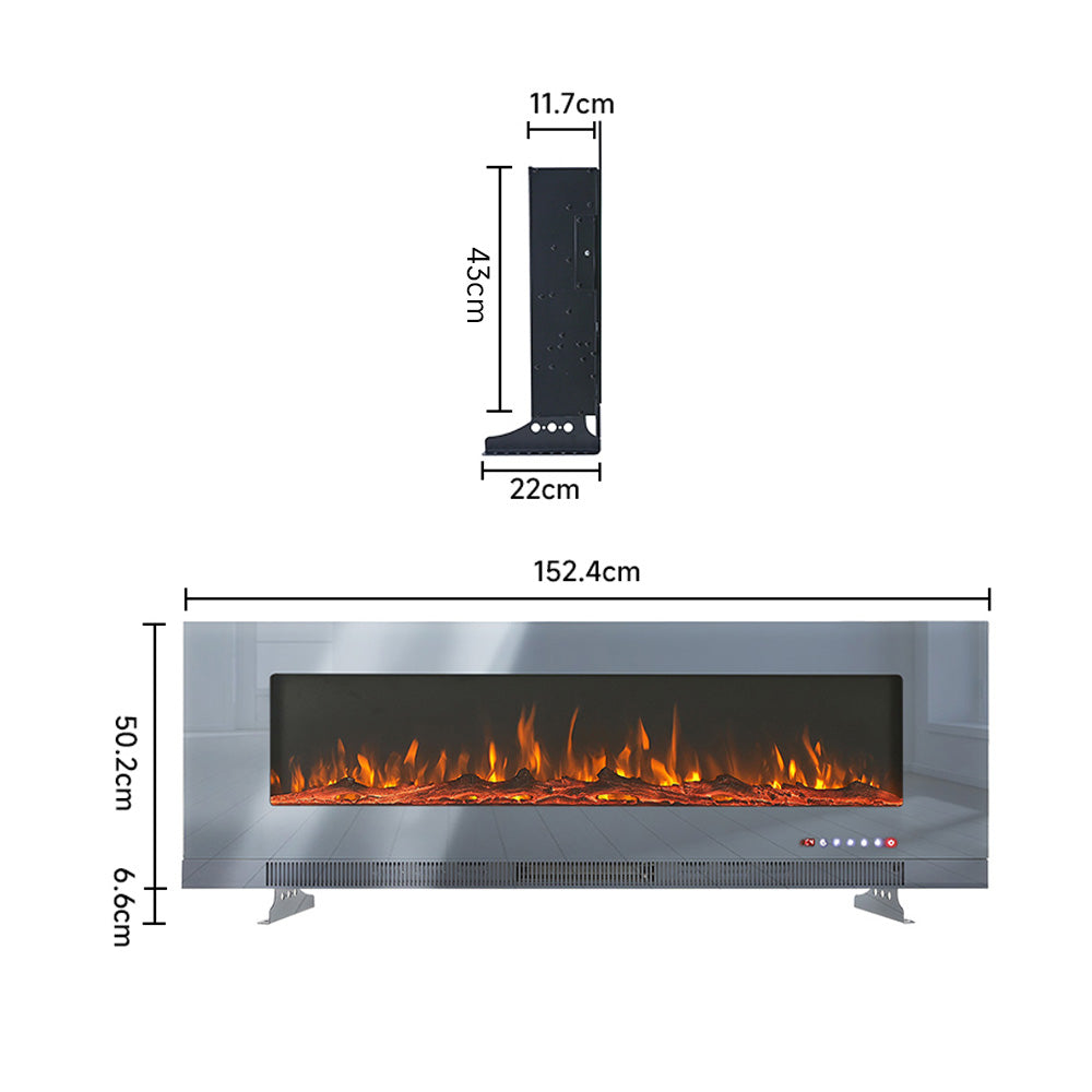 60-inch Grey Electric Fireplace, Wall Mounted Or Recessed With 12 Flame Colors & Freestanding Legs