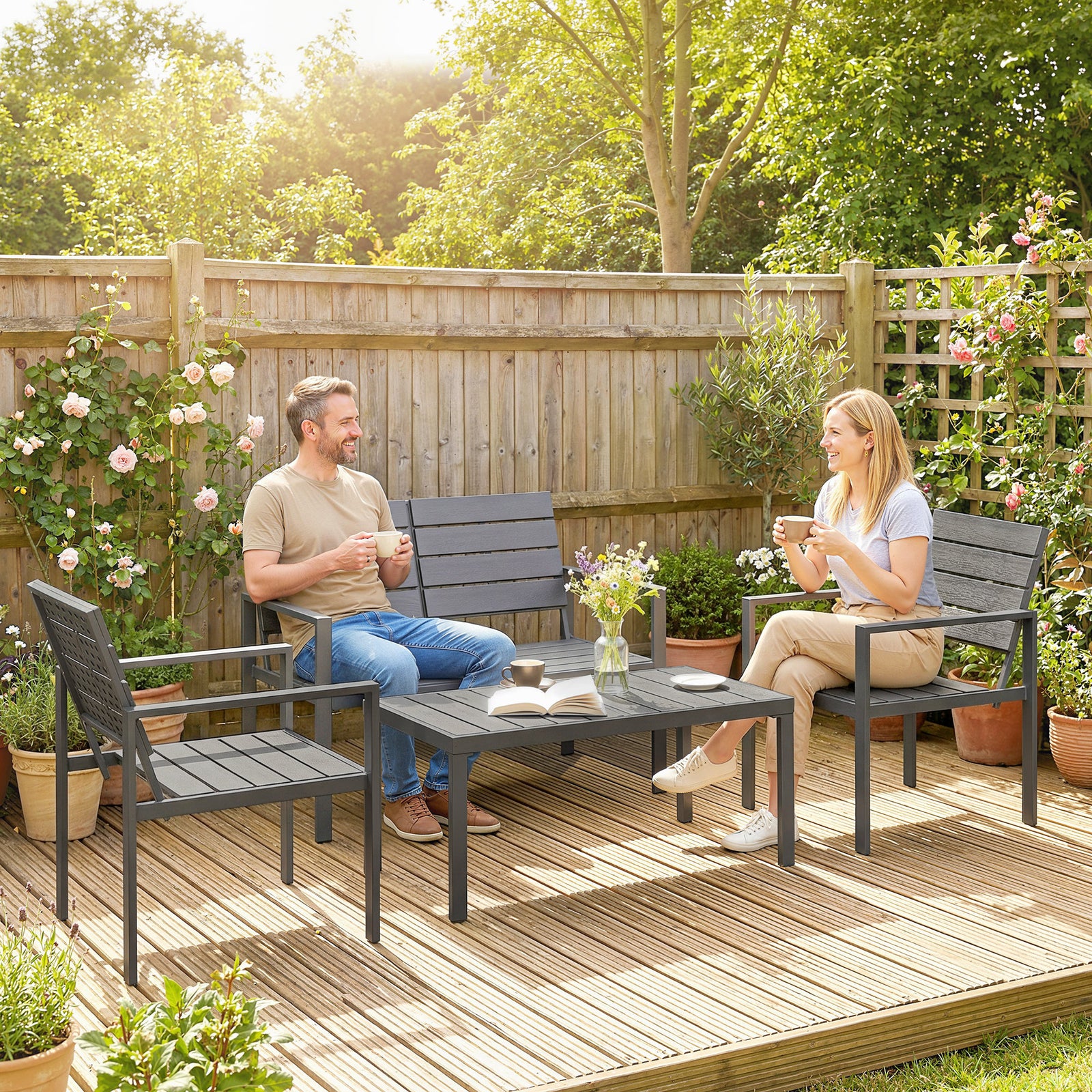 4 Piece Garden Furniture Set, Hdpe Metal Outdoor Sofa | Dark Grey