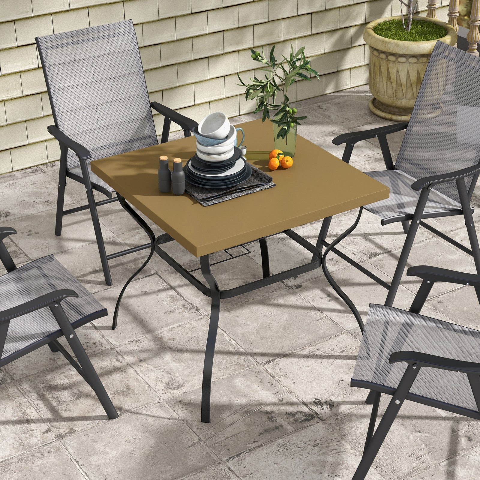 Square Garden Dining Table W/ Umbrella Hole | Brown
