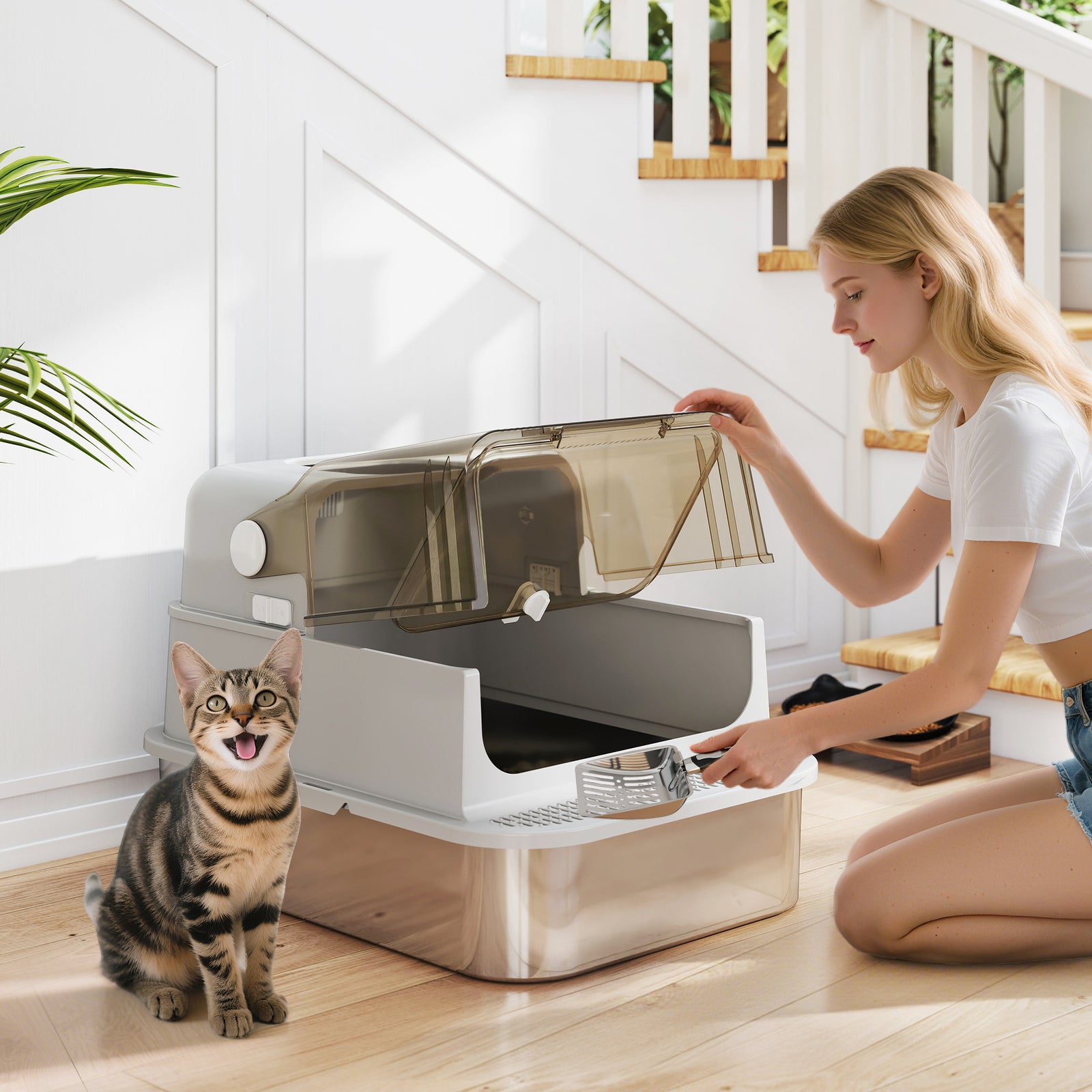 PawHut Xxl Stainless Steel Litter Tray, Enclosed Cat Litter Box W/ Cover