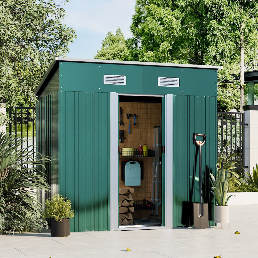 4x6ft Metal Storage Shed With Double Doors,ventilation And Foundation Frame Flat Roof Outdoor Tool Shed For Garden | Dark Green