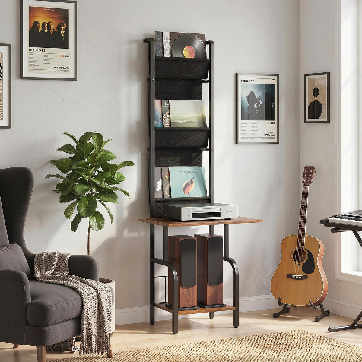HOMCOM Vinyl Record Player Stand With Oxford Pockets