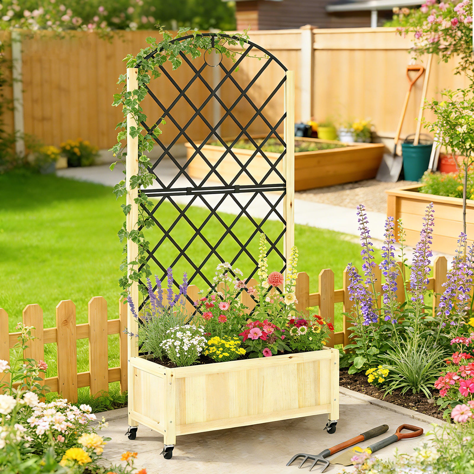 Garden Bed W/metal Trellis, Wooden Elevated Planter Box | Light Brown