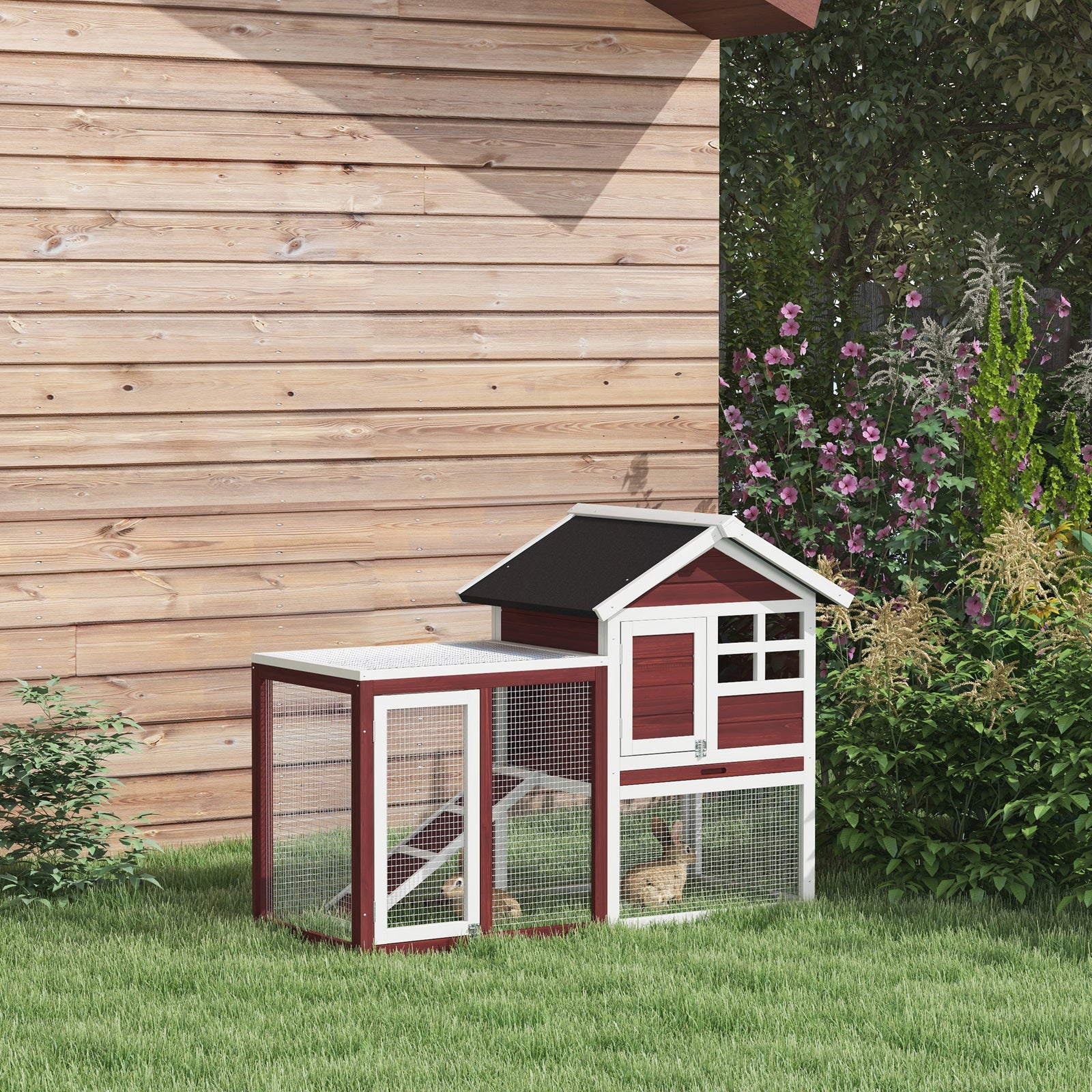 122cm Wooden Rabbit Hutch Bunny Cage Pet House With Tray Ladder Run | Brown