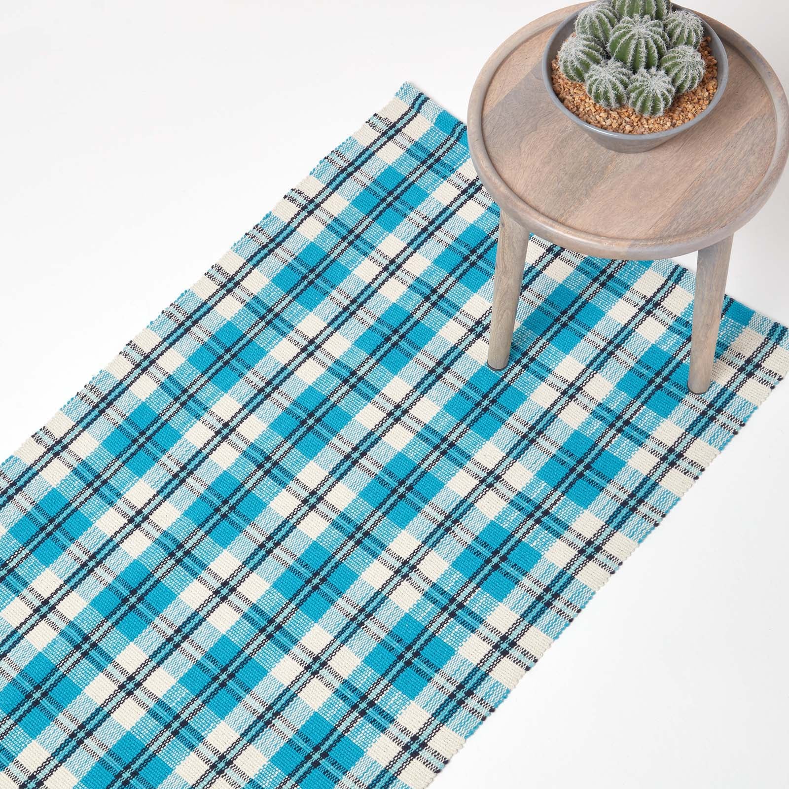 Wilson Handwoven Blue, Yellow And Brown Tartan 100% Cotton Rug | 200cm | Blue