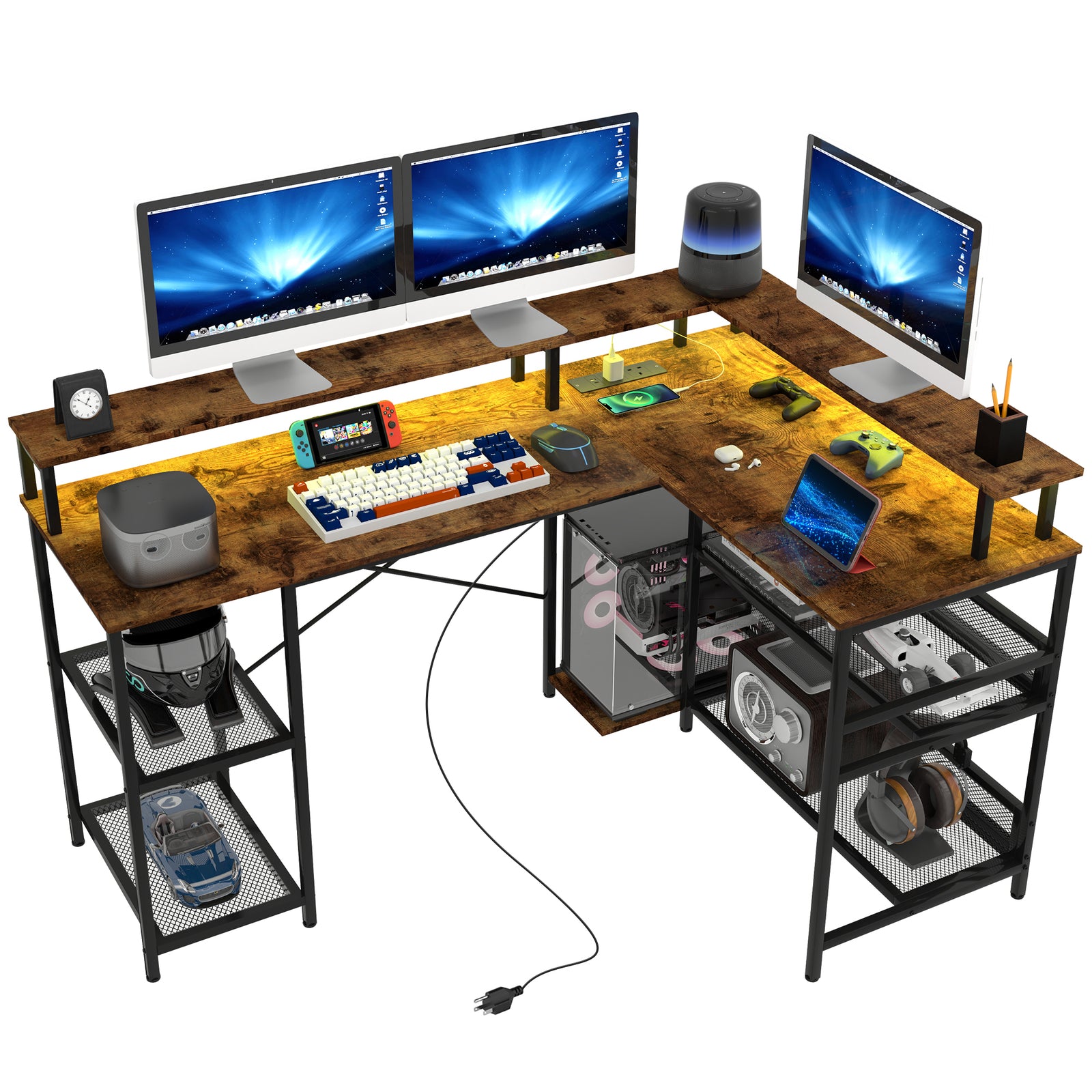 L Shaped Gaming Desk W/ Led Lights And Power Outlets