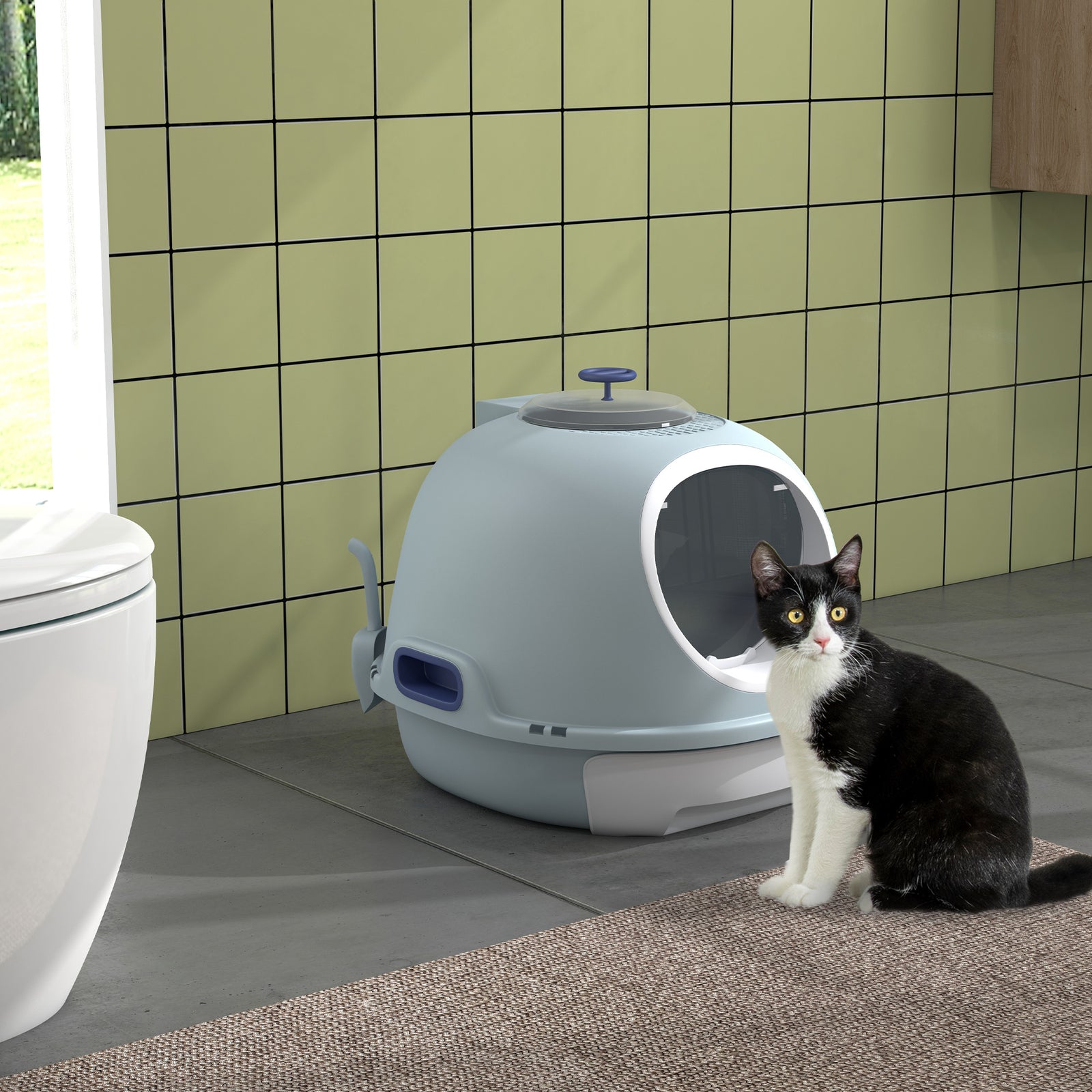 Cat Litter Box Pet Toilet W/ Scoop, Drawer, Skylight | Blue