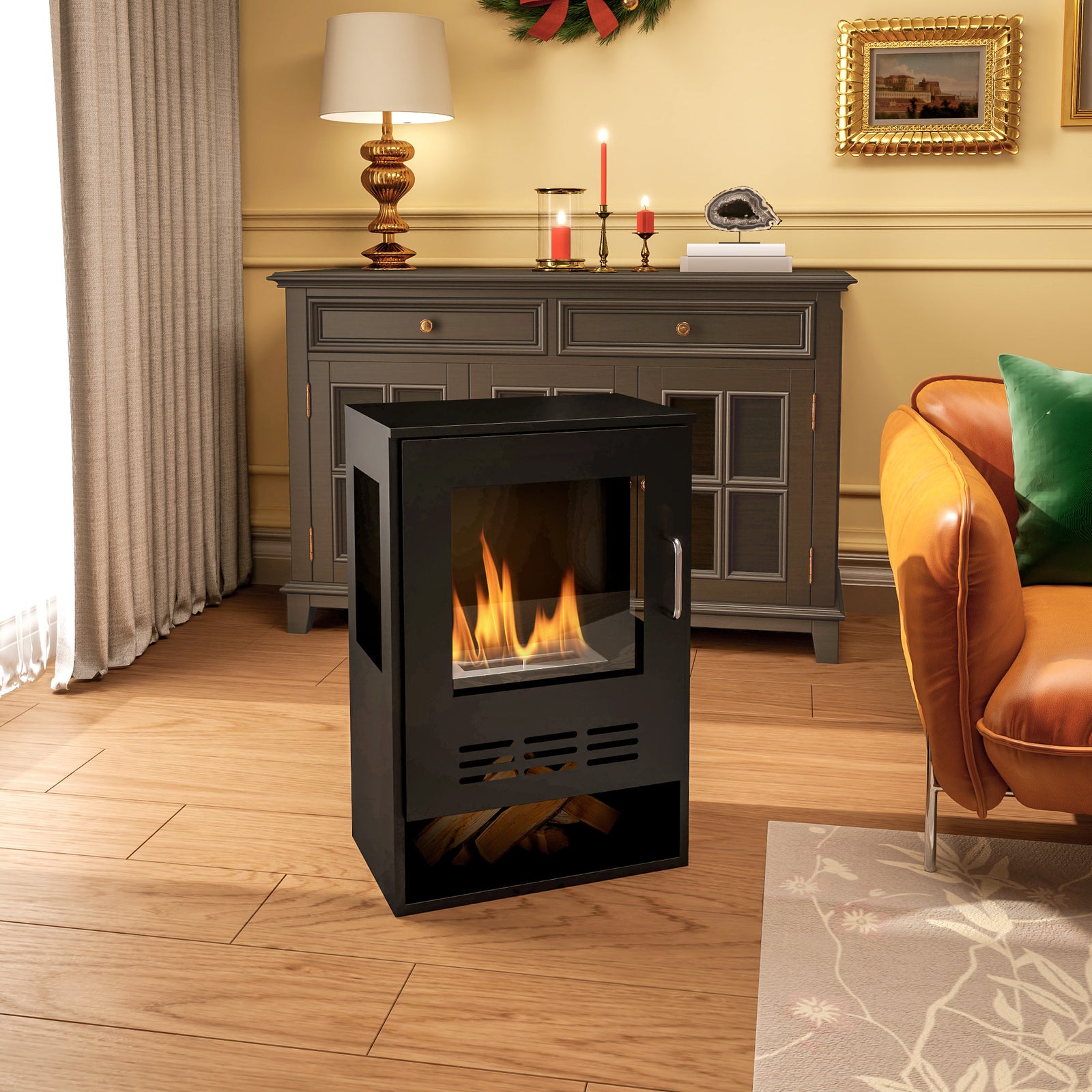HOMCOM Ethanol Fireplace Stove With Shelf 0.9l Burns For Up To 3.3h