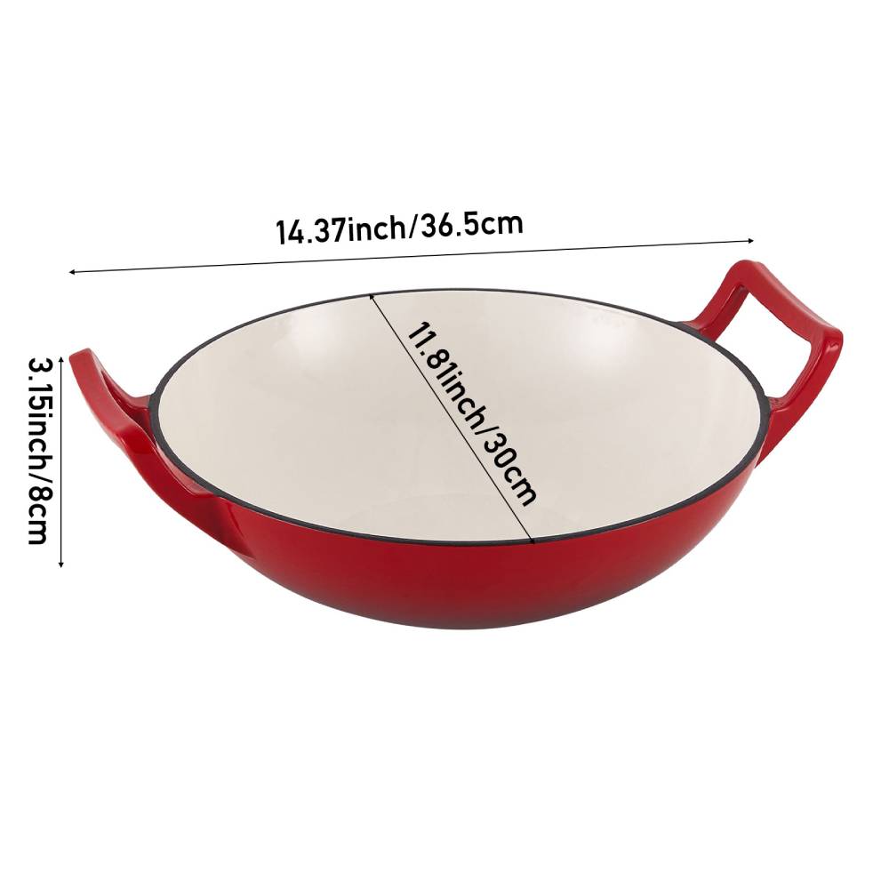 30cm Diameter Diameter Enamelled Cast Iron Stir-fry Pan Wok With Side Handles | Red