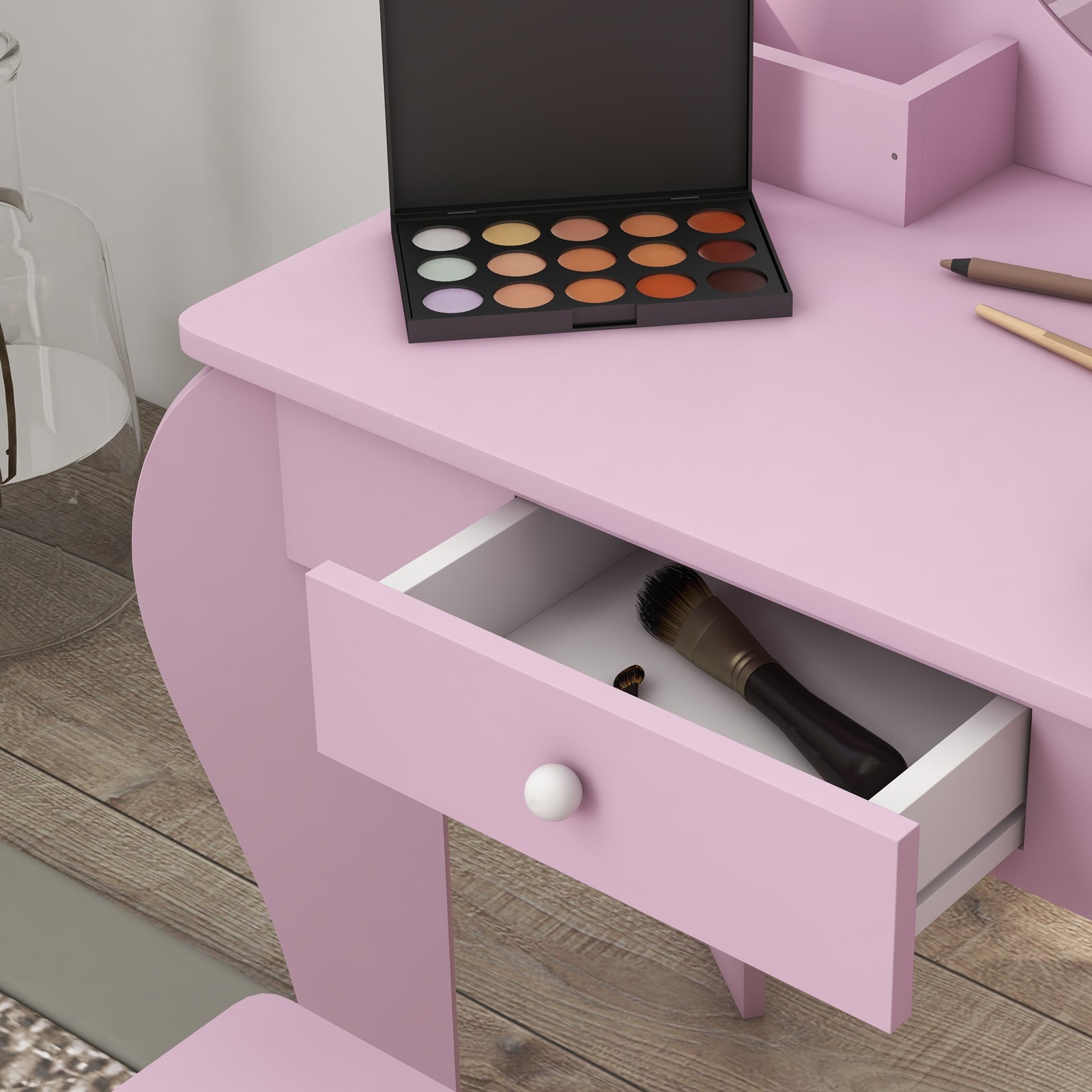 Dressing Table With Mirror And Stool, Drawer, Storage Boxes, Cat Design | Pink