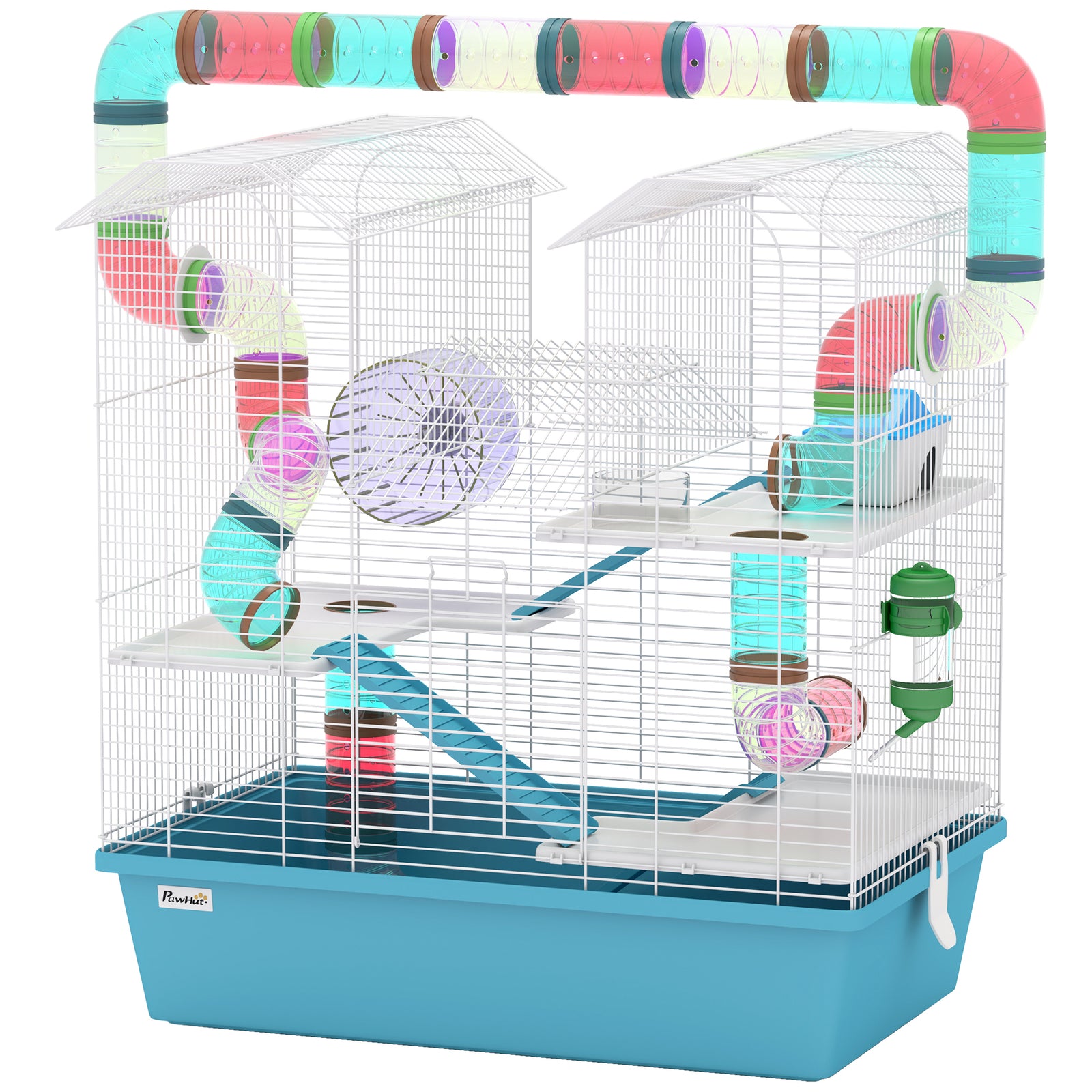 Pawhut 4 Tier Hamster Cage With Tubes, For Drawf, 58 X 36 X 65cm, Light Blue