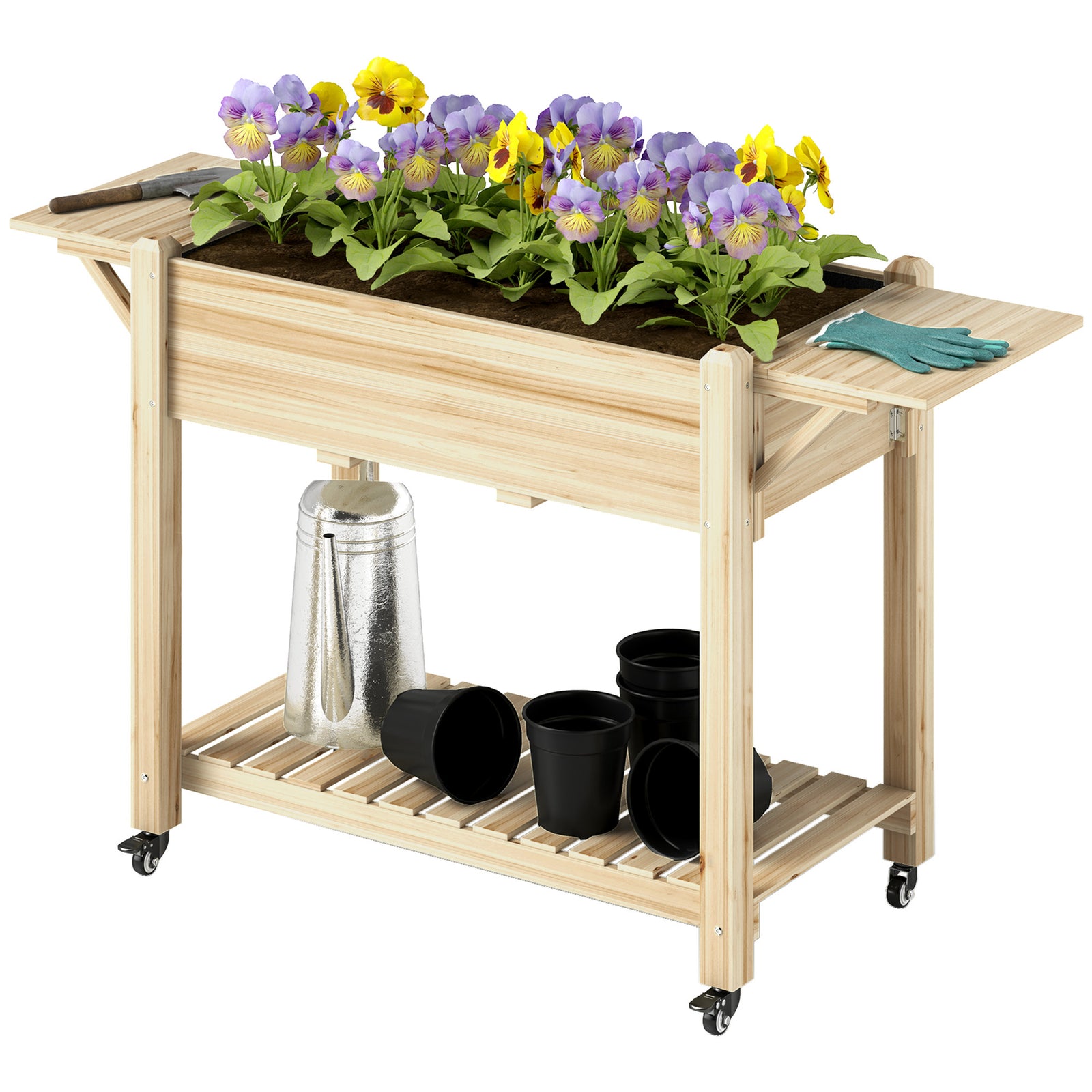 Wooden Raised Planter W/ Lockable Wheels, Liner | Natural