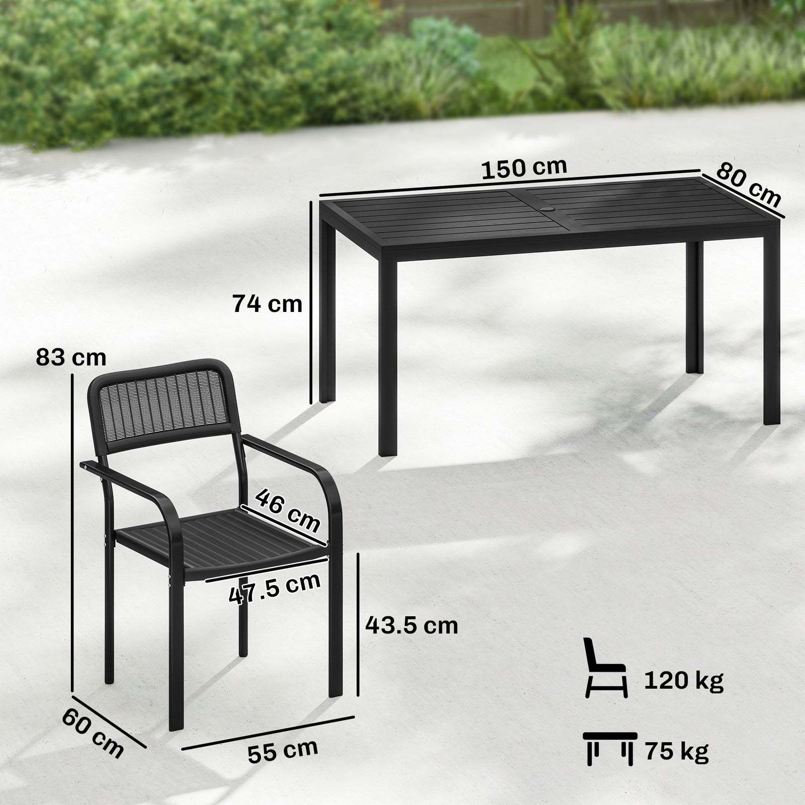 Outsunny Garden Dining Set With Umbrella Hole For 6 People, Black