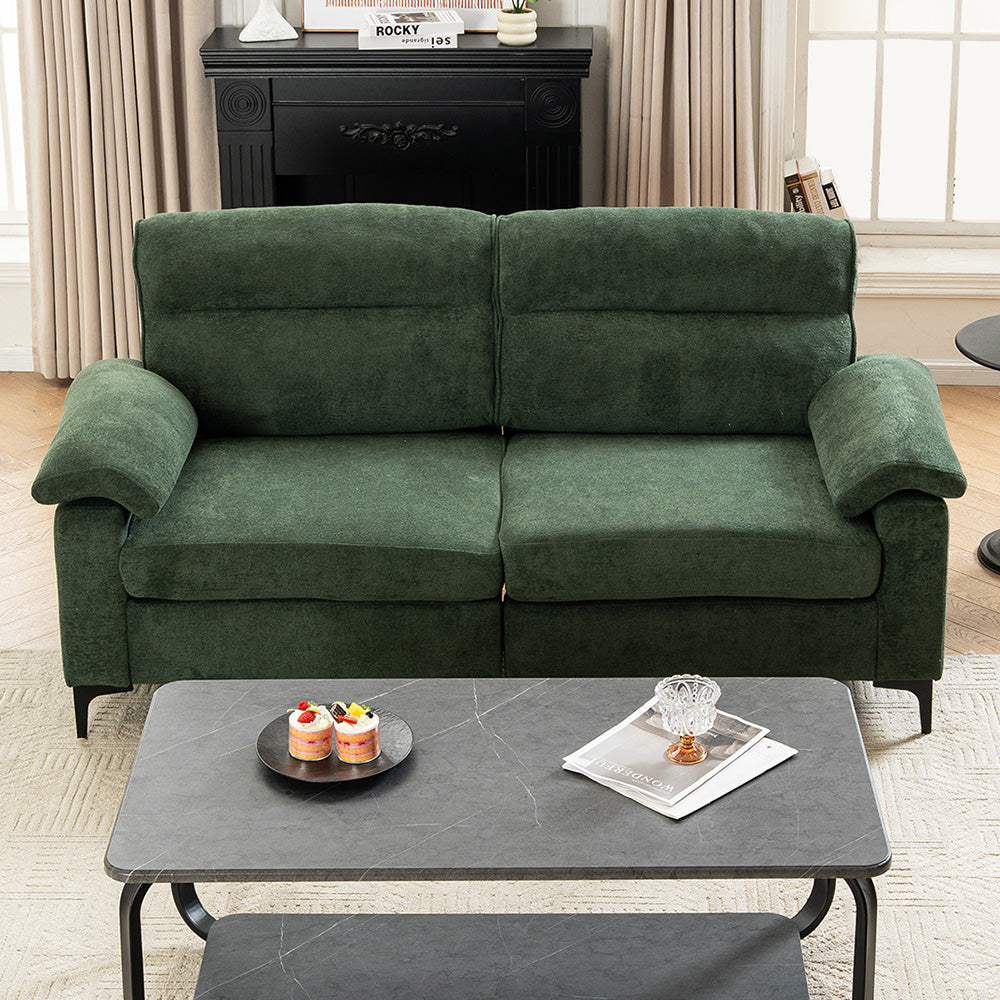 Minimalist Chenille Fabric Two-seat Sofa With Wooden Frame & Black Metal Legs | Green