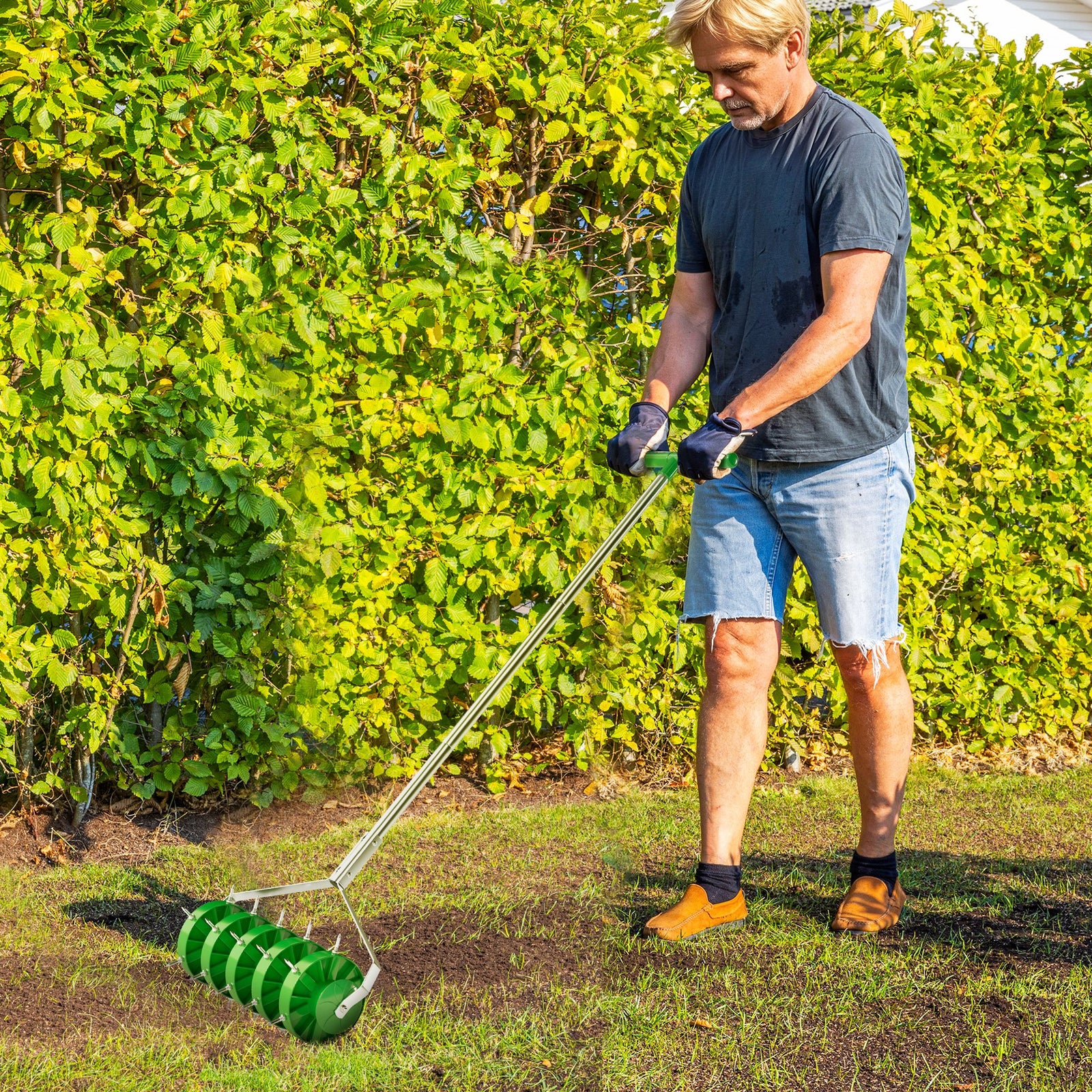 Grass Spike Roller, Soil Aerator W/ 3 Pcs Handle, T-bar Grip