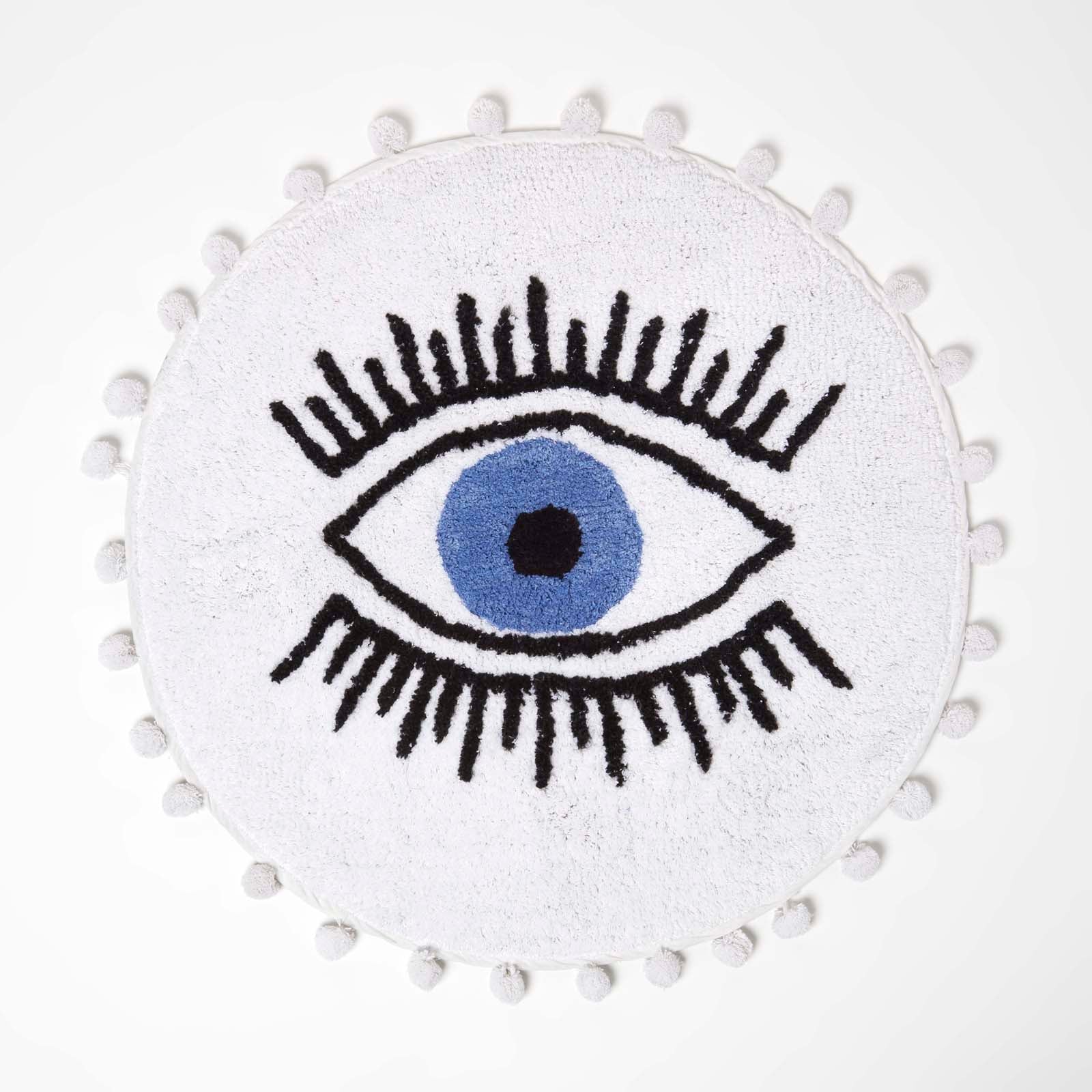 Eye See You Natural Cotton Bath Mat With Pom Pom Edges