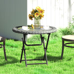 Folding Round Rattan Table W/ Tempered Glass Top For Patio