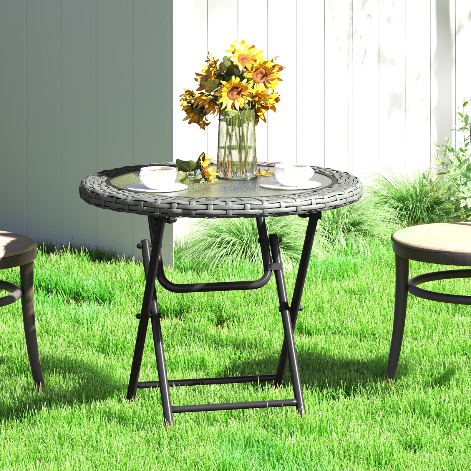 Folding Round Rattan Table W/ Tempered Glass Top For Patio